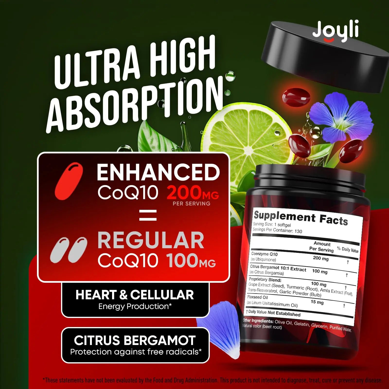 High Absorption CoQ10 200MG - Co Q10, 200mg Softgels for Heart Health & Energy Production - Enhanced Co Q 10 Supplement with Antioxidants and Flaxseed Oil - CoQ10 200 mg Per Serving JOYLI Nutrition Au supplements