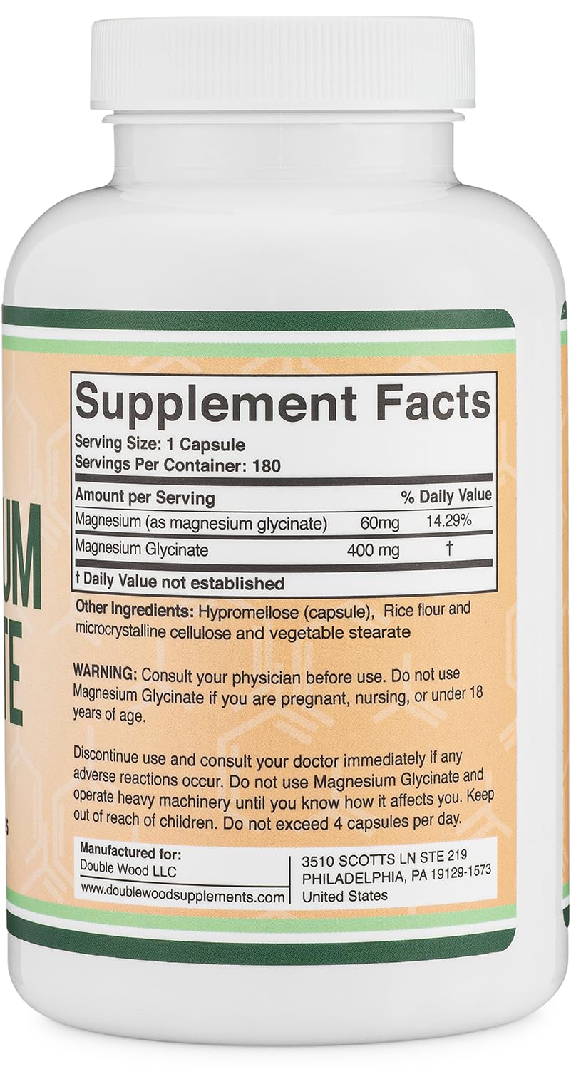 Magnesium Glycinate 400mg | 180 Capsules | Sleep, Muscle, & Heart Support | Vegan, Third Party Tested, Gluten Free, Non-GMO, by Double Wood Supplements Double Wood Supplements Au supplements