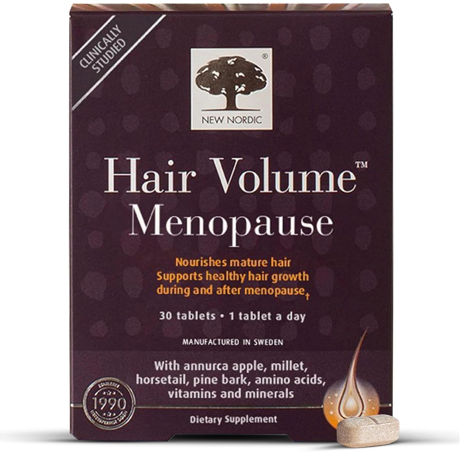 New Nordic Hair Volume Menopause, Supports Healthy Hair Growth During and After Menopause, Pine Bark and Annurca Apple Extract, 30 Tablets NEW NORDIC Au supplements