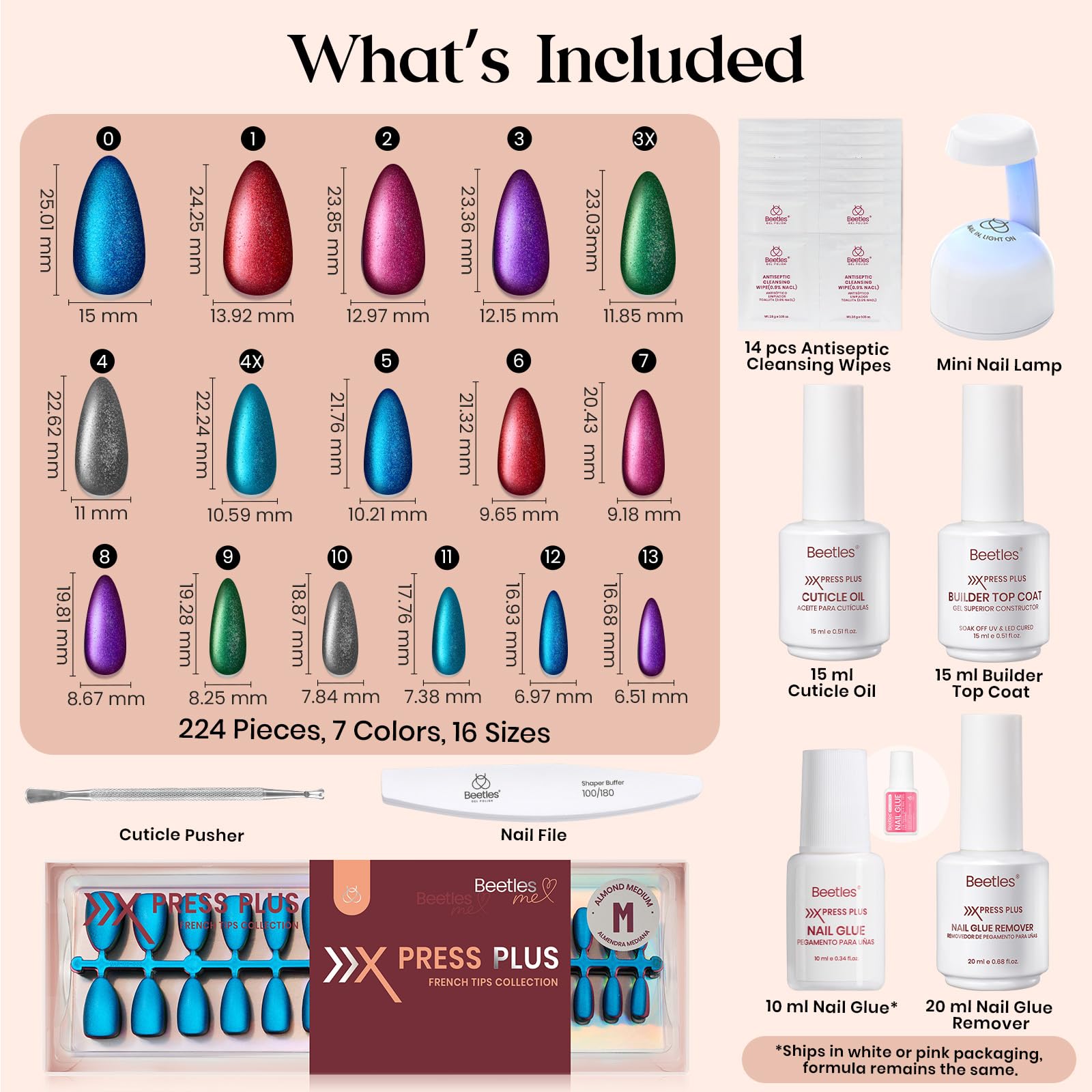 Beetles Cat Eye Nails Kit - Enchanted Aurora | 7 Colors Cat Eye Press On Nails Medium Almond | 224Pcs 16 Sizes All-in-One Kit With Nail Glue,Remover,Builder Top Coat,Nail Lamp Gift beetles Gel Polish Au supplements