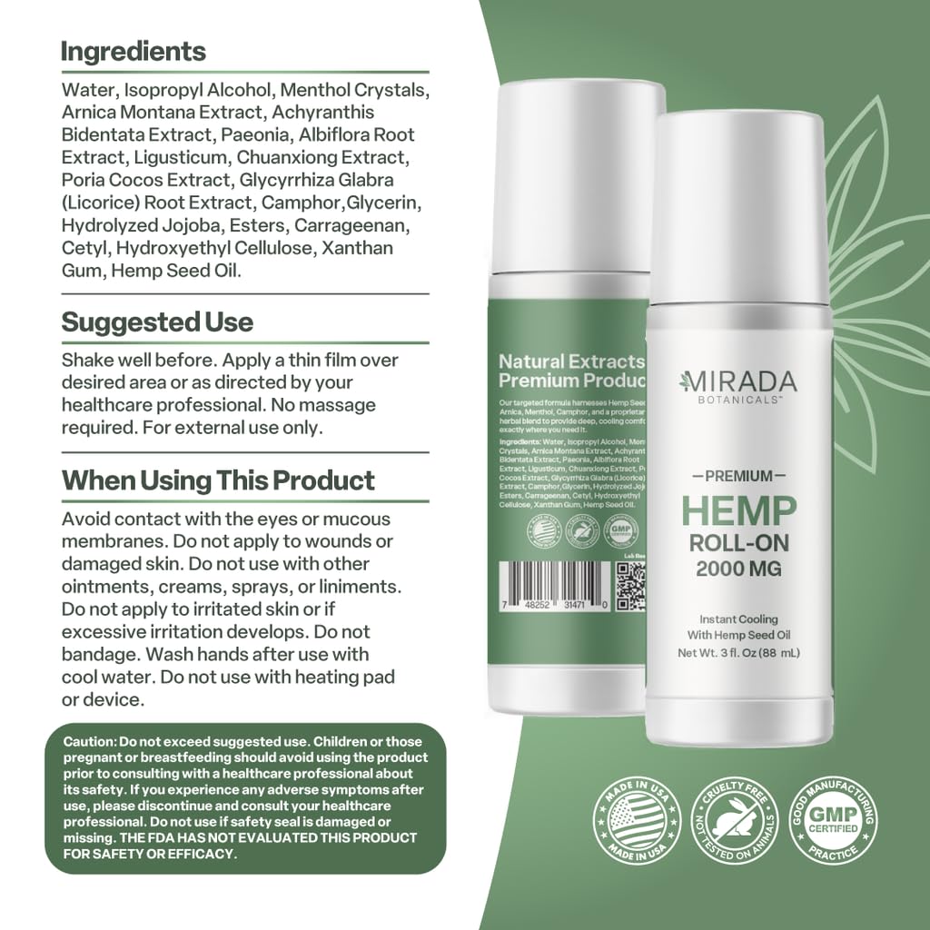 Mirada Botanicals Hemp Cooling Relief Roll-On – 2000mg - Menthol & Arnica – Muscle & Joint Support Mirada Botanicals Au supplements