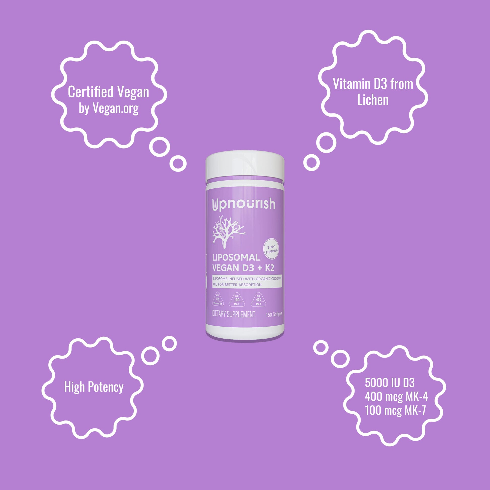 UpNourish Certified Vegan Vitamin D3 5000 IU K2 MK4 MK7 500 mcg Supplement, 150 Softgels, Plant Based Liposomal Vitamin D K with Organic Coconut Oil, Non GMO, Gluten and Gelatin Free UpNourish Au supplements