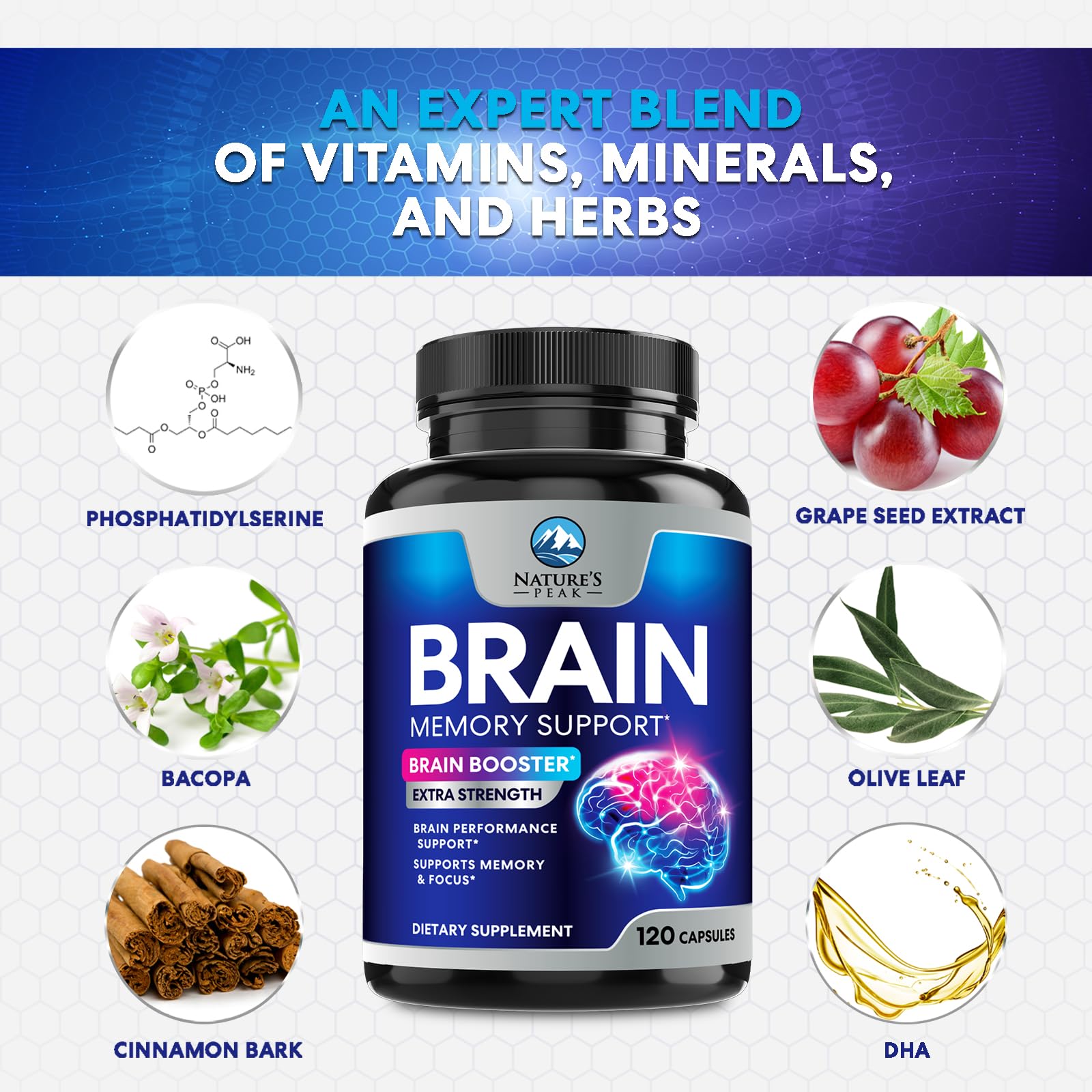 Brain Memory Supplement - 3X Strength Nootropics for Concentration, Clarity & Focus Support - Brain Health Cognitive Vitamins with Bacopa, Phosphatidylserine & DMAE, Brain Booster Pills, 120 Capsules Nature's Peak Au supplements
