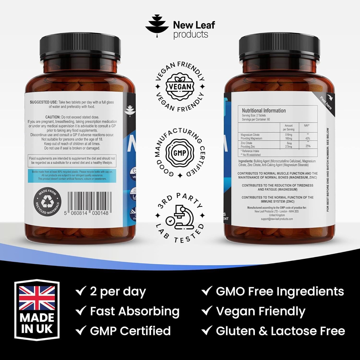 Magnesium Supplements 516mg With Zinc - 120 Magnesium Tablets Supports Muscle NEW LEAF PRODUCTS Au supplements