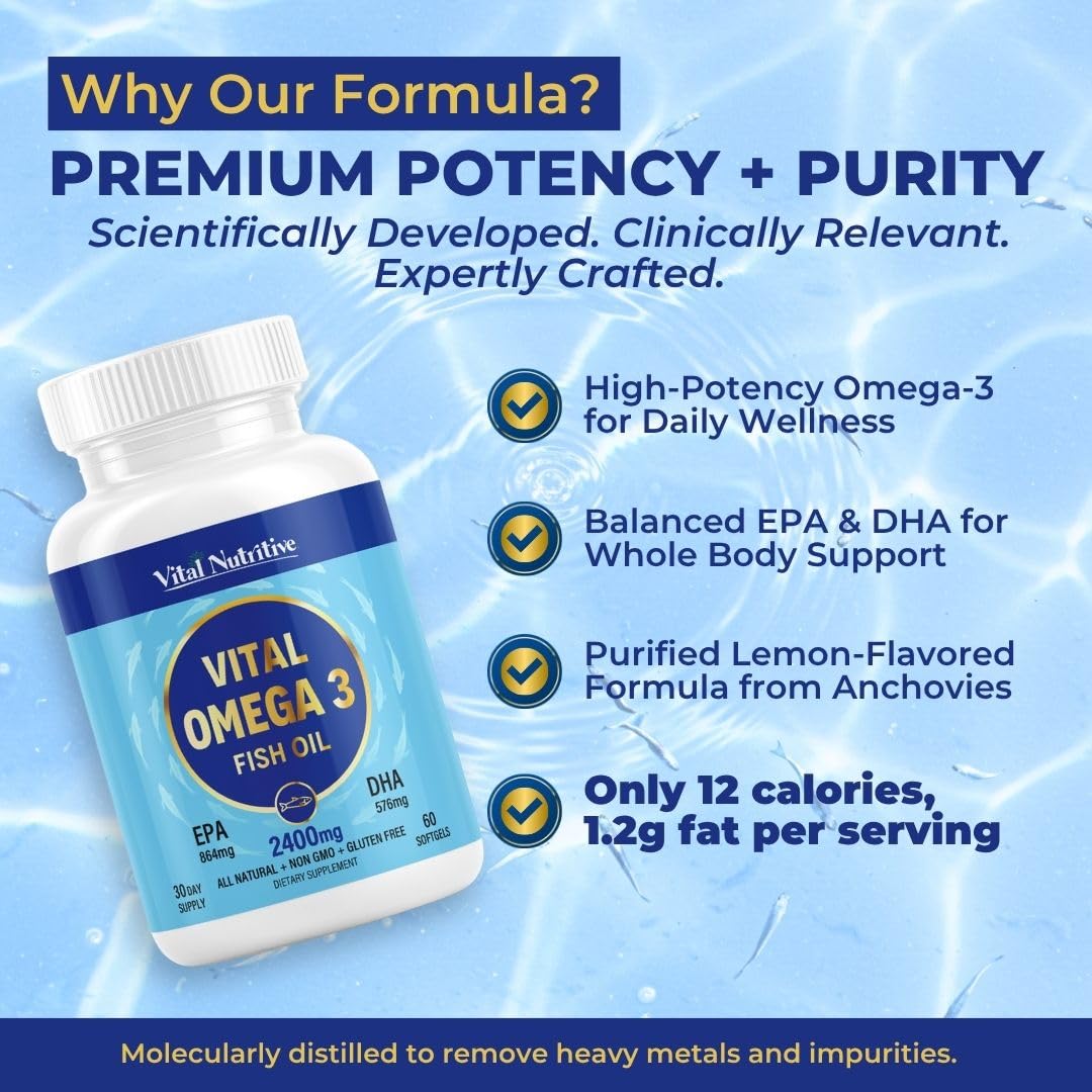 Vital Omega 3 Fish Oil Supplements 2400mg | 864mg EPA & 576mg DHA | 1440mg Total Omega-3 Fatty Acids | Promotes Brain & Heart Health | Non-GMO, Gluten-Free, Sugar-Free | Lemon | 60 Day Servings VITAL NUTRITIVE Au supplements