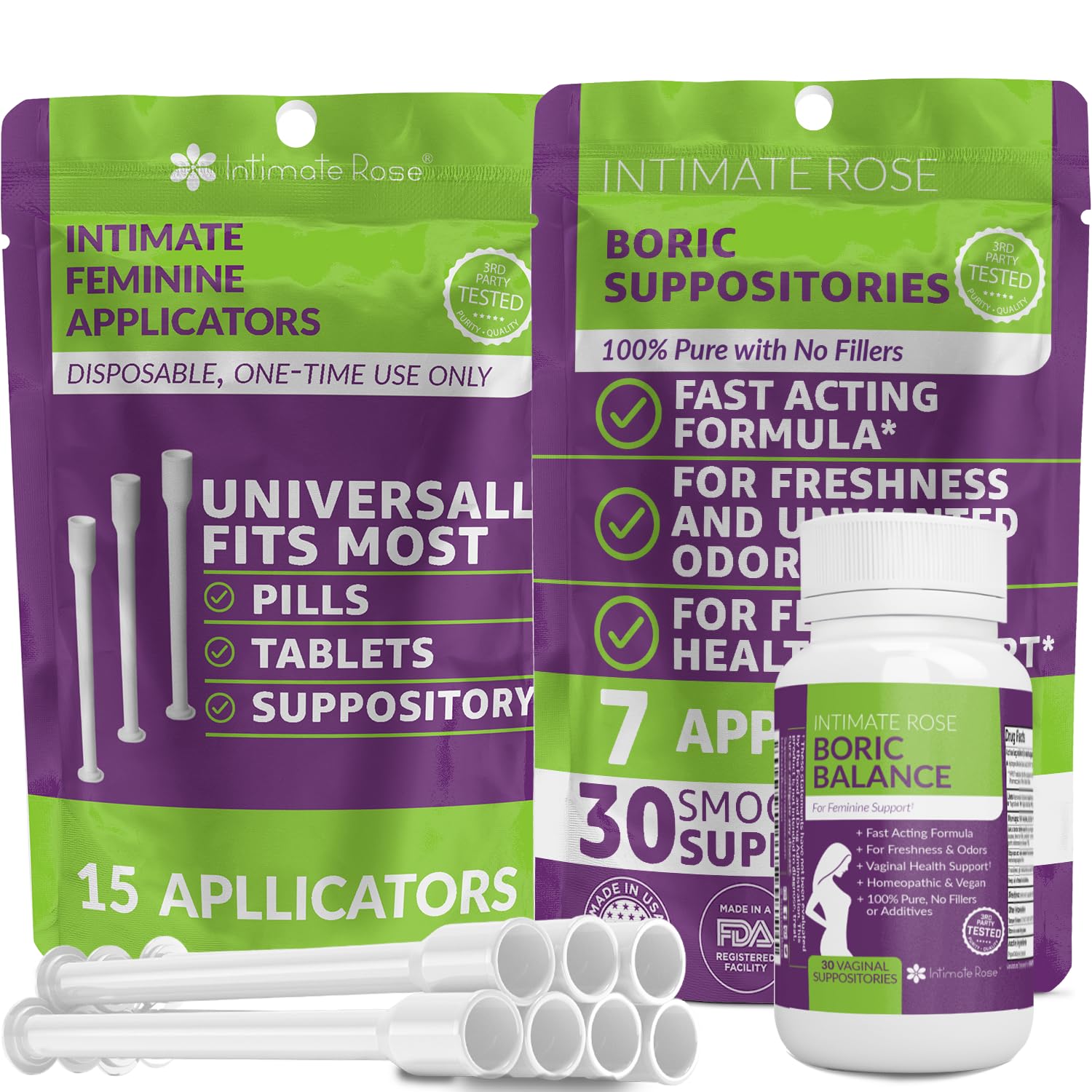 Save 10% on Boric Acid Vaginal Suppositories - 30 Count (600mg) + 7 Applicators and 15 Additional Intimate Rose Au supplements