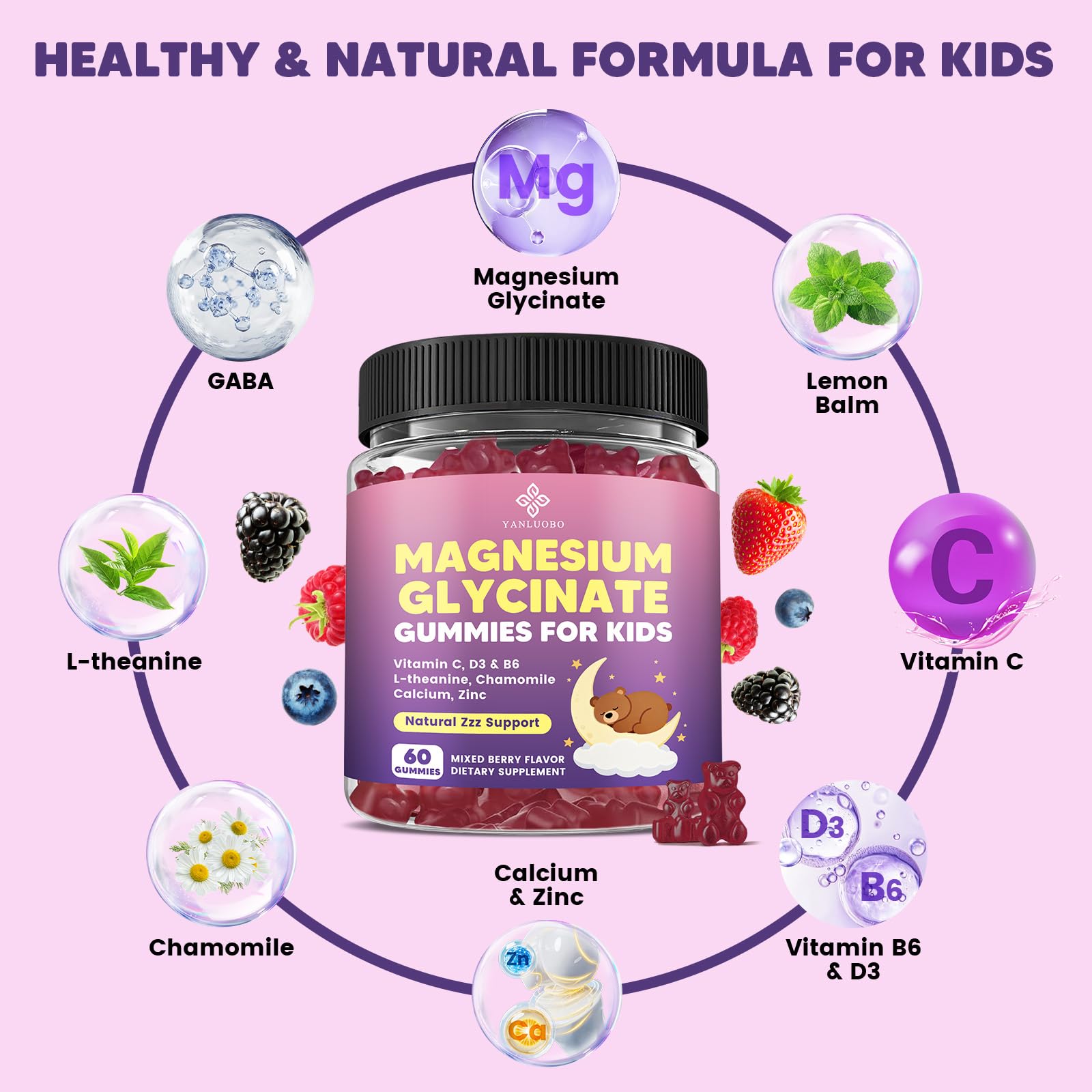 YANLUOBO Kids Magnesium Gummies, Magnesium Glycinate Gummies 400mg/200mg with L-Theanine, Chamomile, Vitamin B6, D3 for Kids, Relaxation & Zzz Support, Nerve Bone - Sugar Free Mixed Berry Flavor 60ct YANLUOBO Au supplements