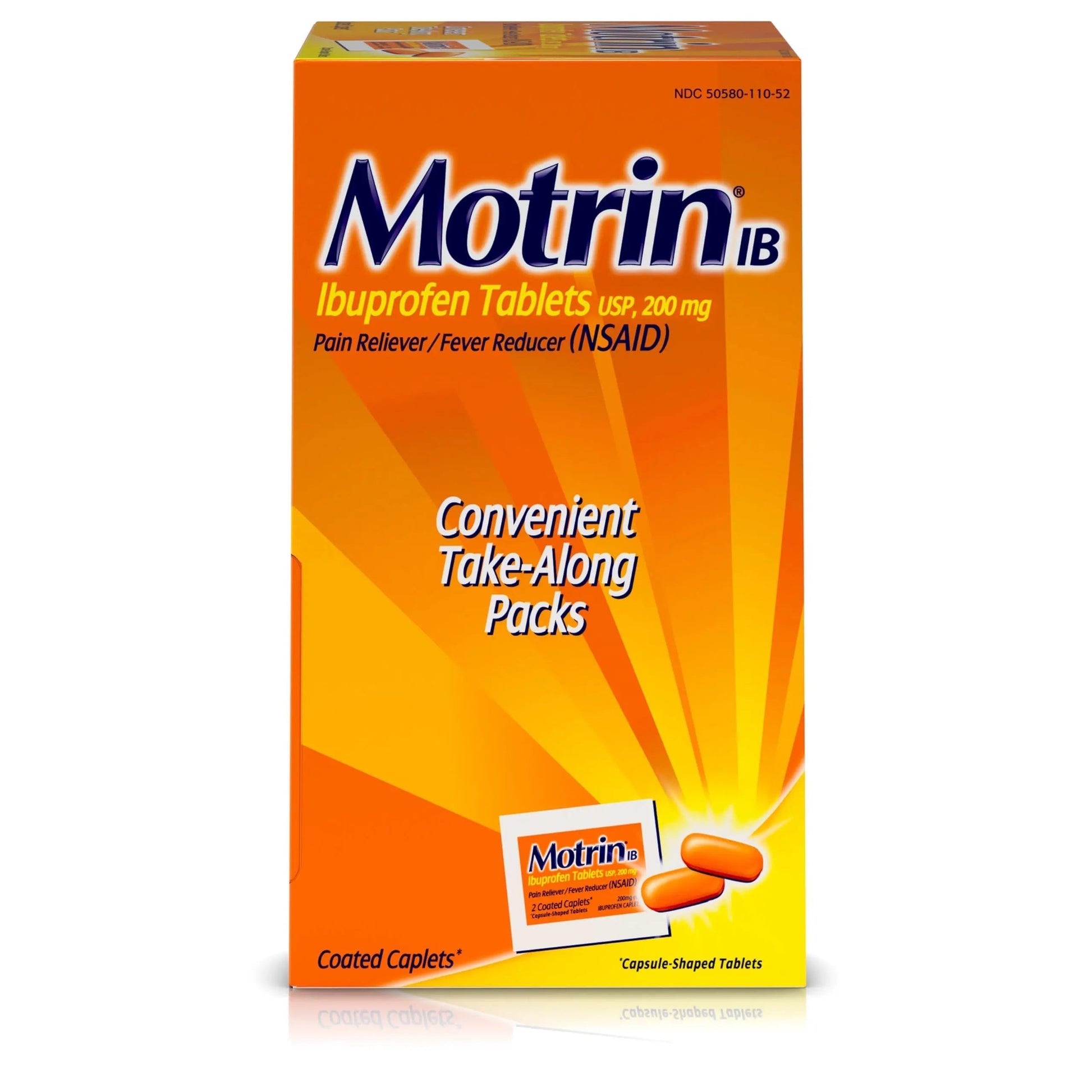 Motrin IB, Ibuprofen 200mg Tablets, NSAID Pain & Fever Reliever for Headache, Backache, Muscular Aches, Arthritis Pain Reliever, 50 Travel Packets of 2, 100 ct Motrin Au supplements
