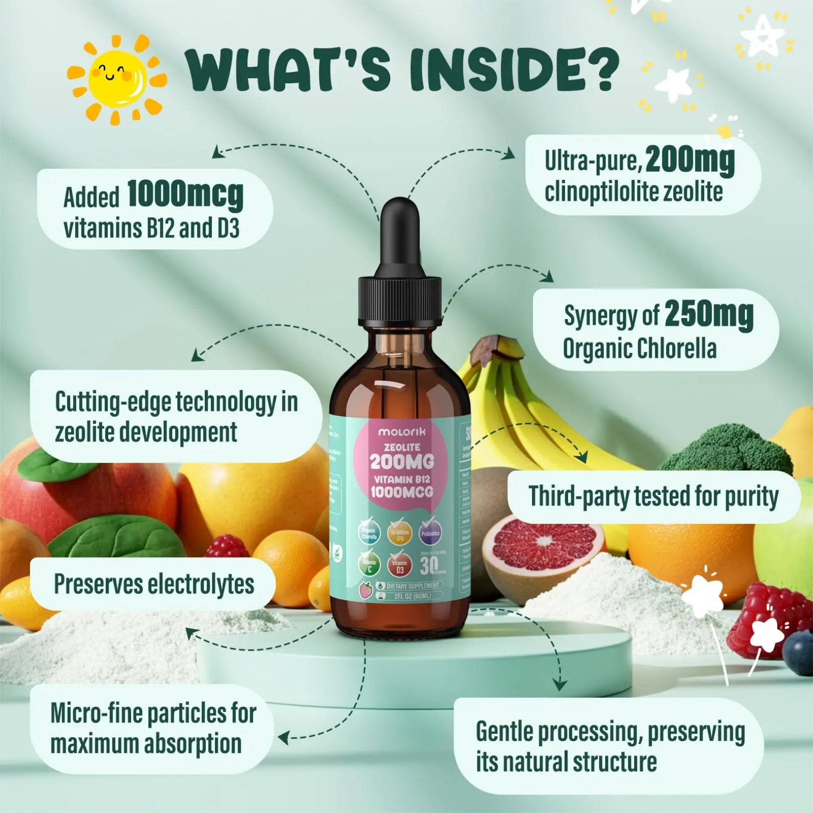 Zeolite Detox for Kids and Adults, 200mg Zeolite Liquid Drops with 1000mcg Vitamin B12, Organic Chlorella, 10 billion CFU & Prebiotics for Gut Support & Speech, Immune, Bone, Energy*, Strawberry, 60ML molorik pure Au supplements