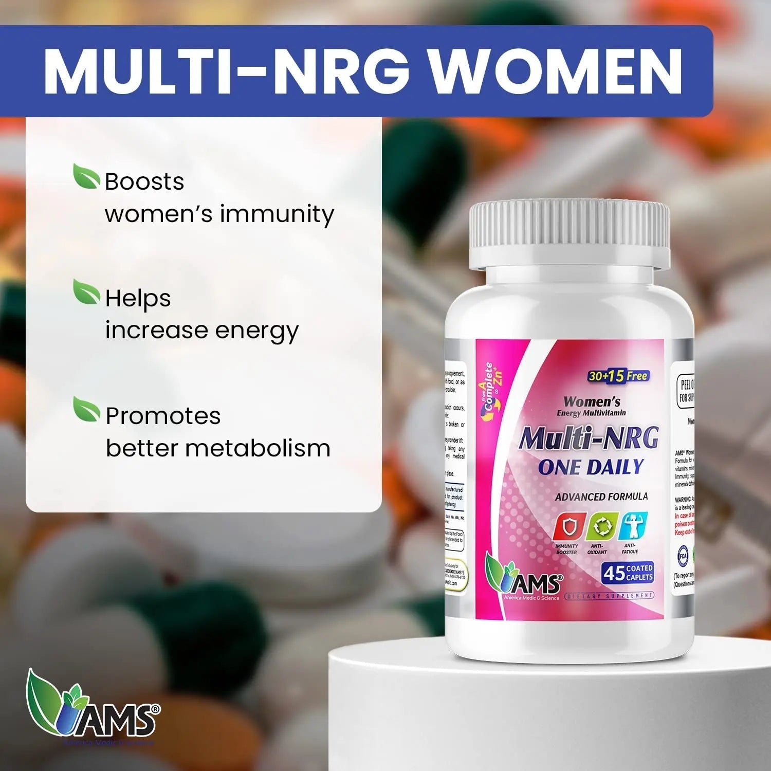 America Medic & Science Multivitamins for Women, Multi-NRG, 45 Coated Caplets, One Daily, Immune Support Supplements, Vitamin C & B Complex America Medic & Science Au supplements