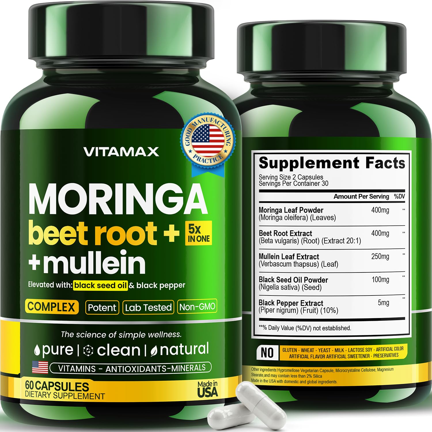 Moringa Capsules, Beet Root, Mullein Leaf - Energy, Skin, Immune Supplement Superfood, Rich in Antioxidants, Minerals & Essential Vitamins - High Absorption Non-GMO - Made in USA - 60ct Vitamax Au supplements