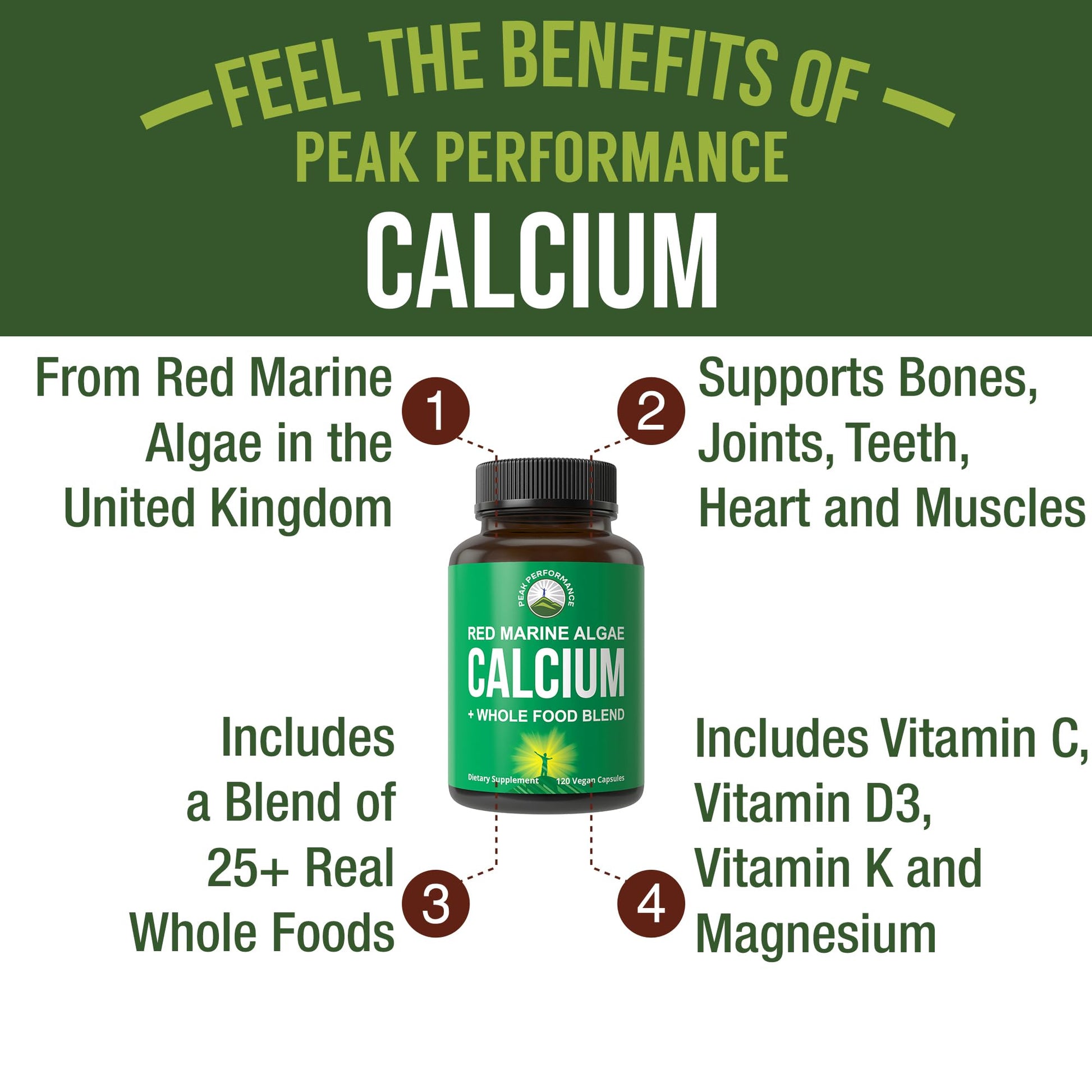 Plant Based Calcium - Red Marine Algae Calcium Supplement with Vitamin C, D3, K, Magnesium, and Whole Food Vegetable Blend. Vegan Capsules for Bones and Joints. 120 Pills, Tablets Peak Performance Au supplements