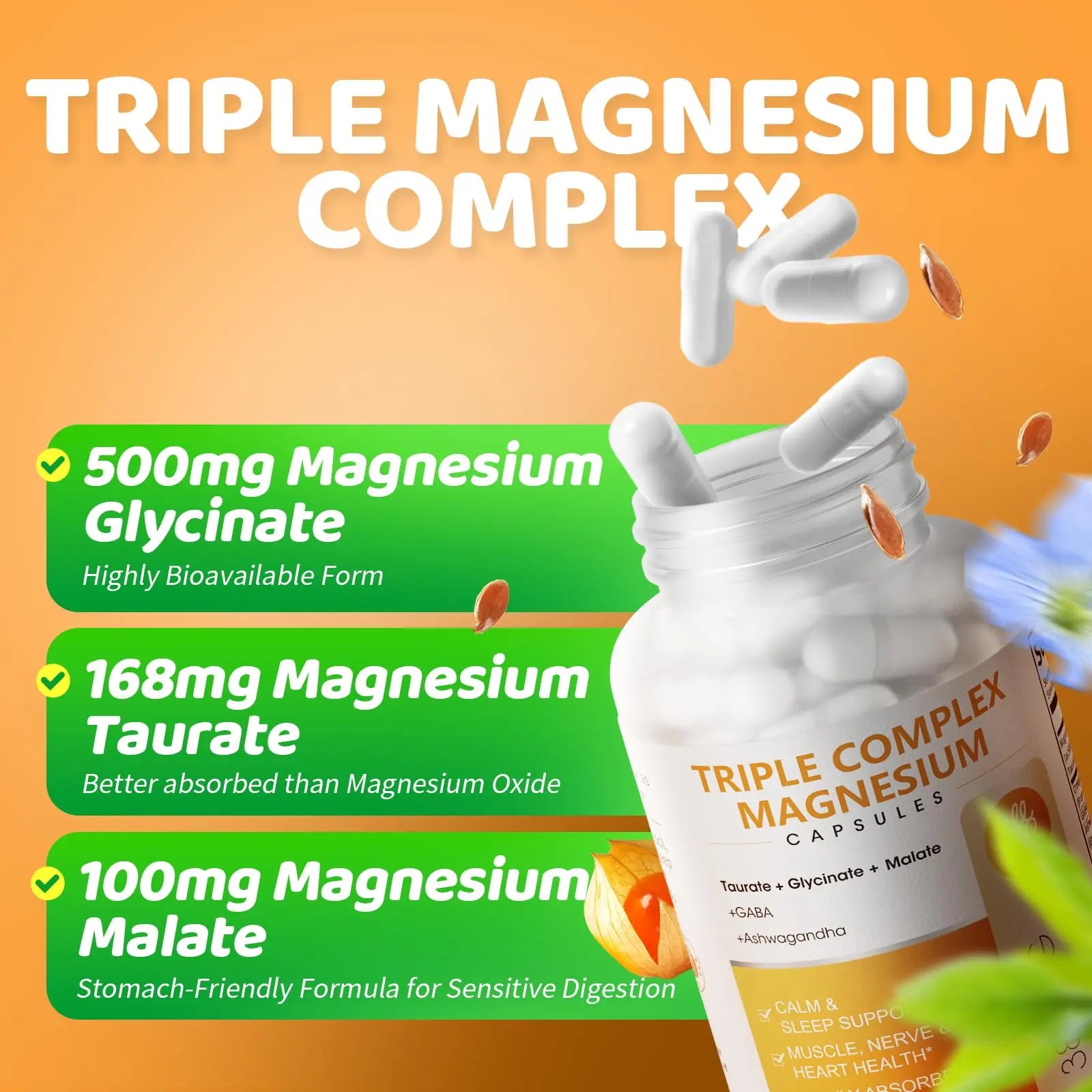 Triple Magnesium Complex - Magnesium Glycinate, Taurate & Malate Supplement with Omega3, Ashwagandha, GABA for Sleep, Brain Heart & Muscle Support - High Absorption and Gentle, Vegan, 120 Capsules iMATCHME Au supplements