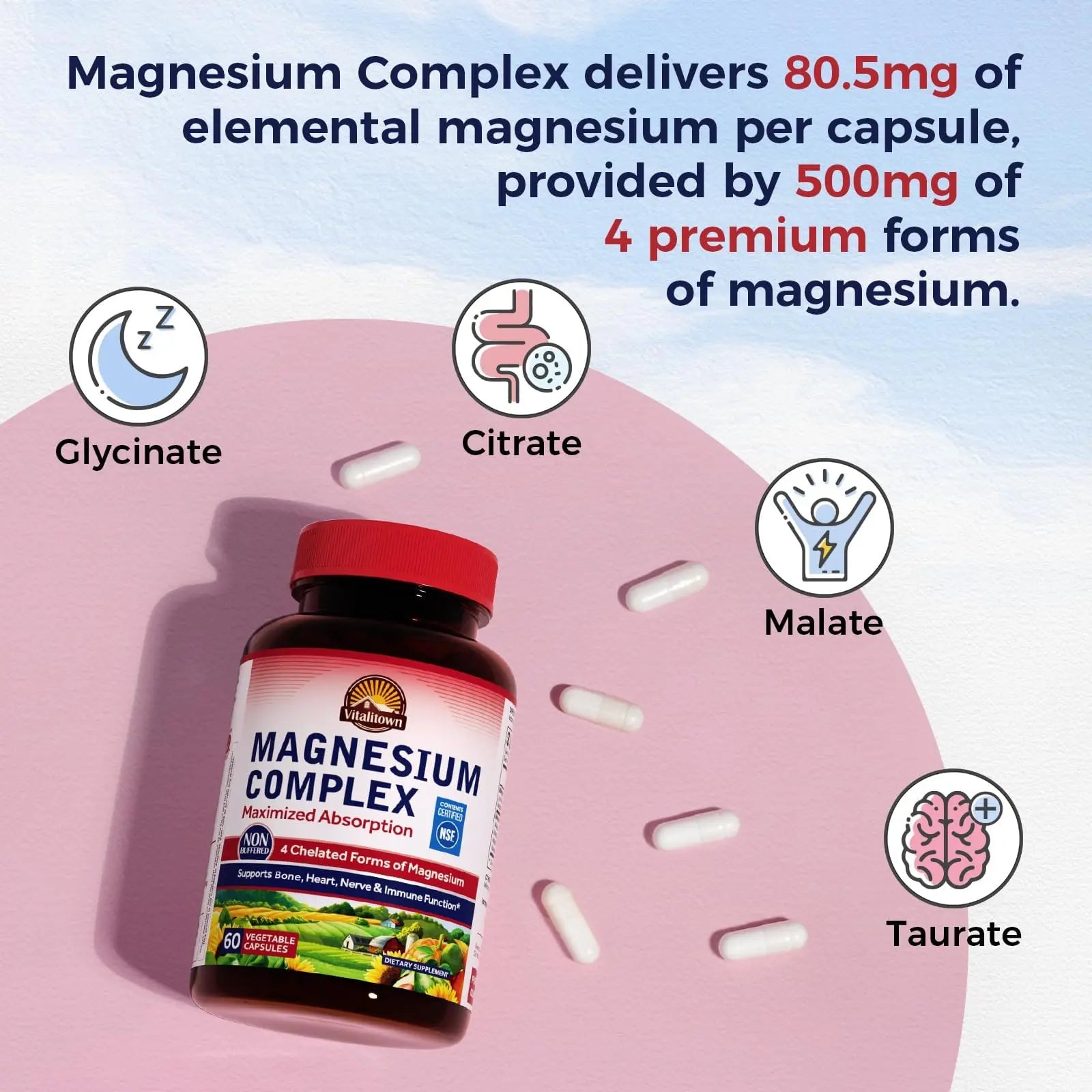 Vitalitown Magnesium Complex Supplement 500mg - NSF Certified Magnesium Glycinate, Malate, Taurate & Citrate - Chelated High Absorption & Gentle on Stomach - Vegan Non-GMO 120 Capsules VITALITOWN Au supplements
