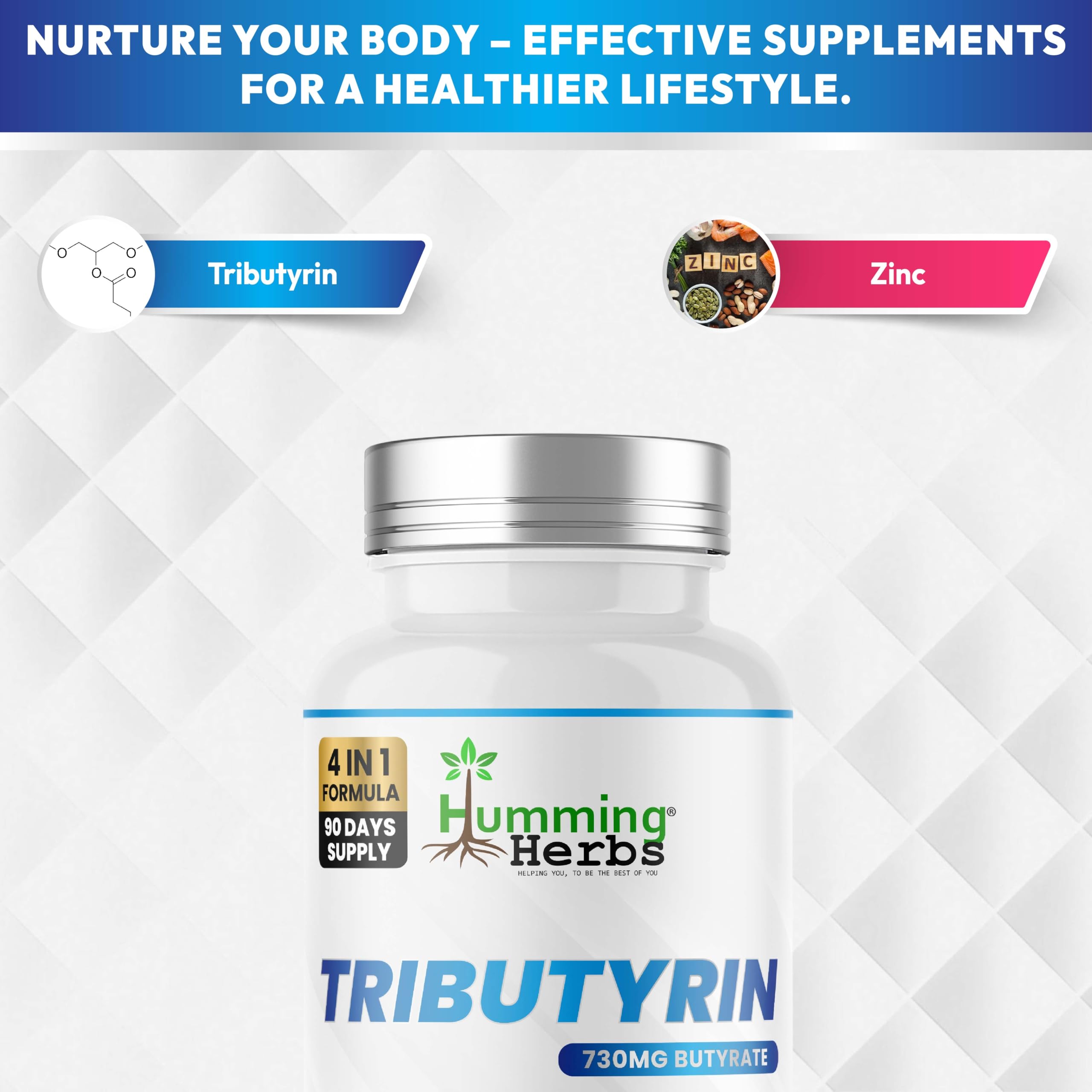 Humming Herbs Tributyrin Complex — 850 mg per Serving (95% Pure, yielding 731 mg Butyrate) with L-Glutamine, Zinc L-Carnosine, FOS & Probiotic Blend (180) Humming Herbs Au supplements