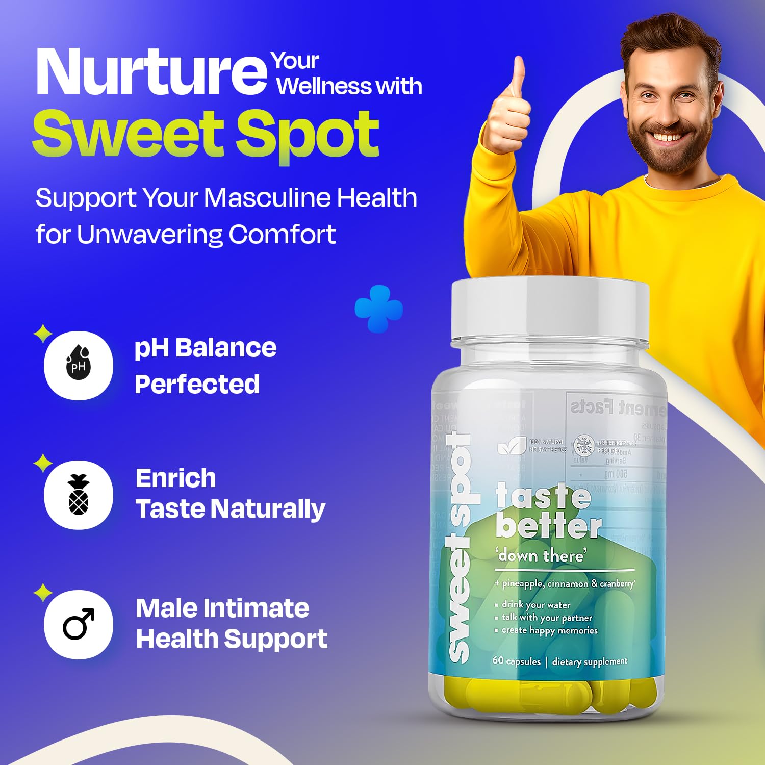 Pineapple Probiotics for Men – 625mg Sweet Spot Formula with Pineapple Extract, Cranberry & Cinnamon, Supports pH Balance & Freshens Taste, 60 Capsules, Made in the USA TASTE THE SWEET SPOT Au supplements