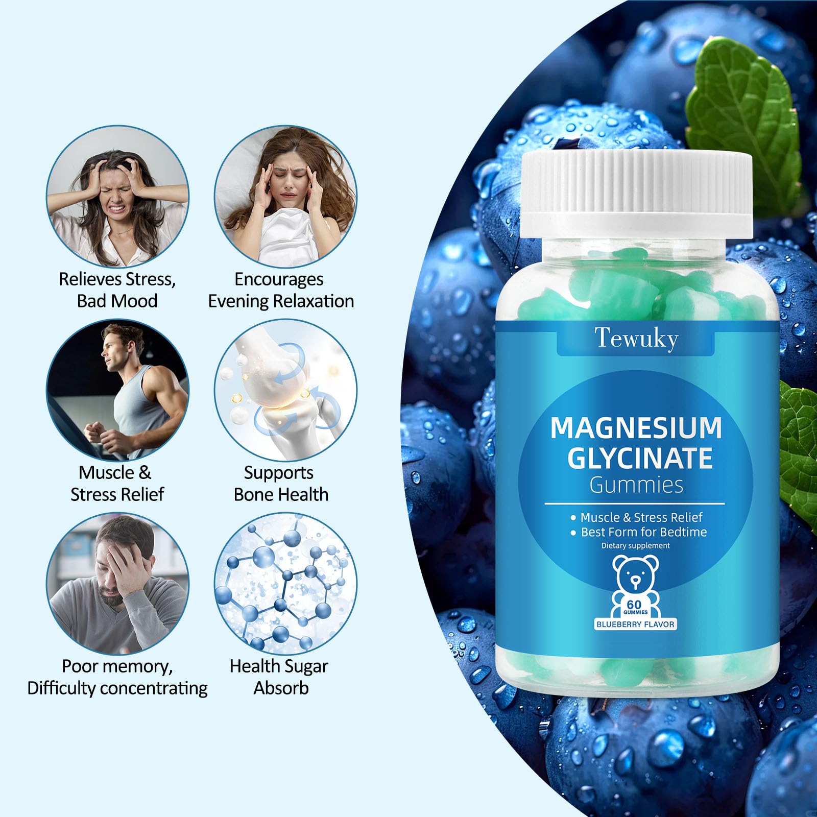 Magnesium Glycinate Gummies 500mg, Sugar-Free for Adults & Kids, Magnesium Gummies for Sleep, Stress & Muscle Relief, Supports Bone & Nerve Health, Vegan, Pectin-Based, 60 Count, Blueberry Flavor Tewuky Au supplements