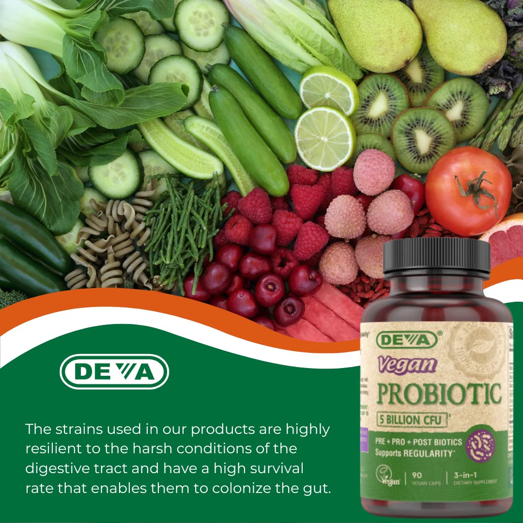 DEVA Vegan Probiotic Supplement - Pre, Pro, and Postbiotics for Digestive Health, 5 Billion CFU, Soil-Based, Spore-Forming, Dairy Free, FOS Prebiotics, for Women and Men, Vegan Capsules, 90 Count DEVA Au supplements