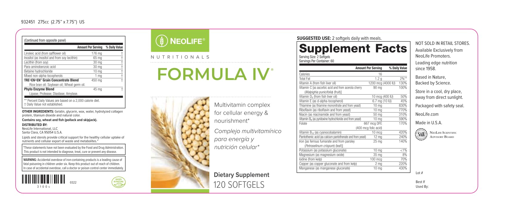 NeoLife - Formula IV Softgel - Vitamins A, C, D, E, B Complex, Multivitamins & Multi-Minerals, Multivitamin for Women & Men, TRE-EN-EN Grain Blend Supplements, Phyto Enzyme Blend - 120 Softgels NeoLife Au supplements
