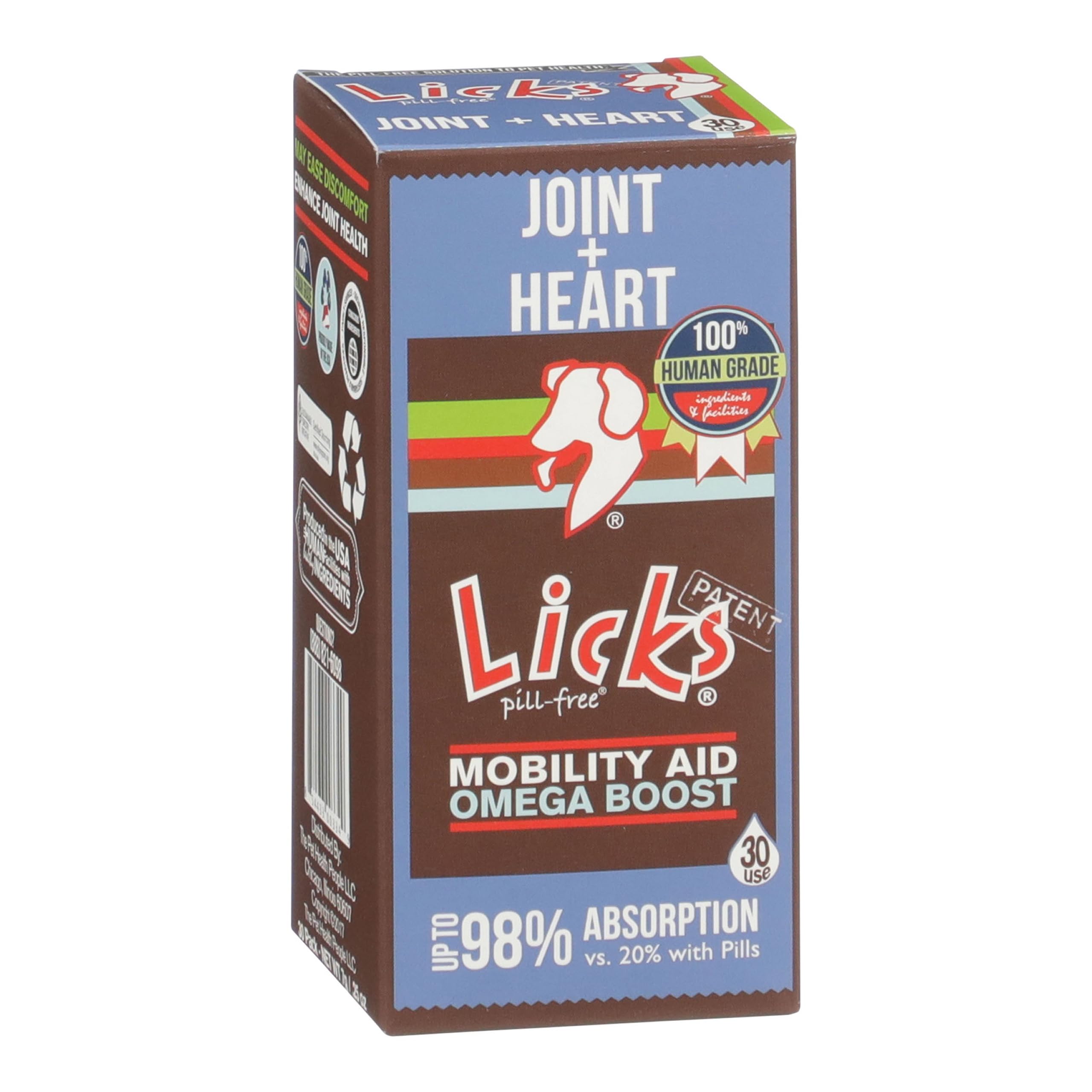 Licks Pill-Free Dog Joint and Heart - Glucosamine & Omega 3 Fish Oil Supplement for Dogs - Inflammation Supplements for Joint Support - Gel Packets - 30 Use Licks Pill Free Au supplements