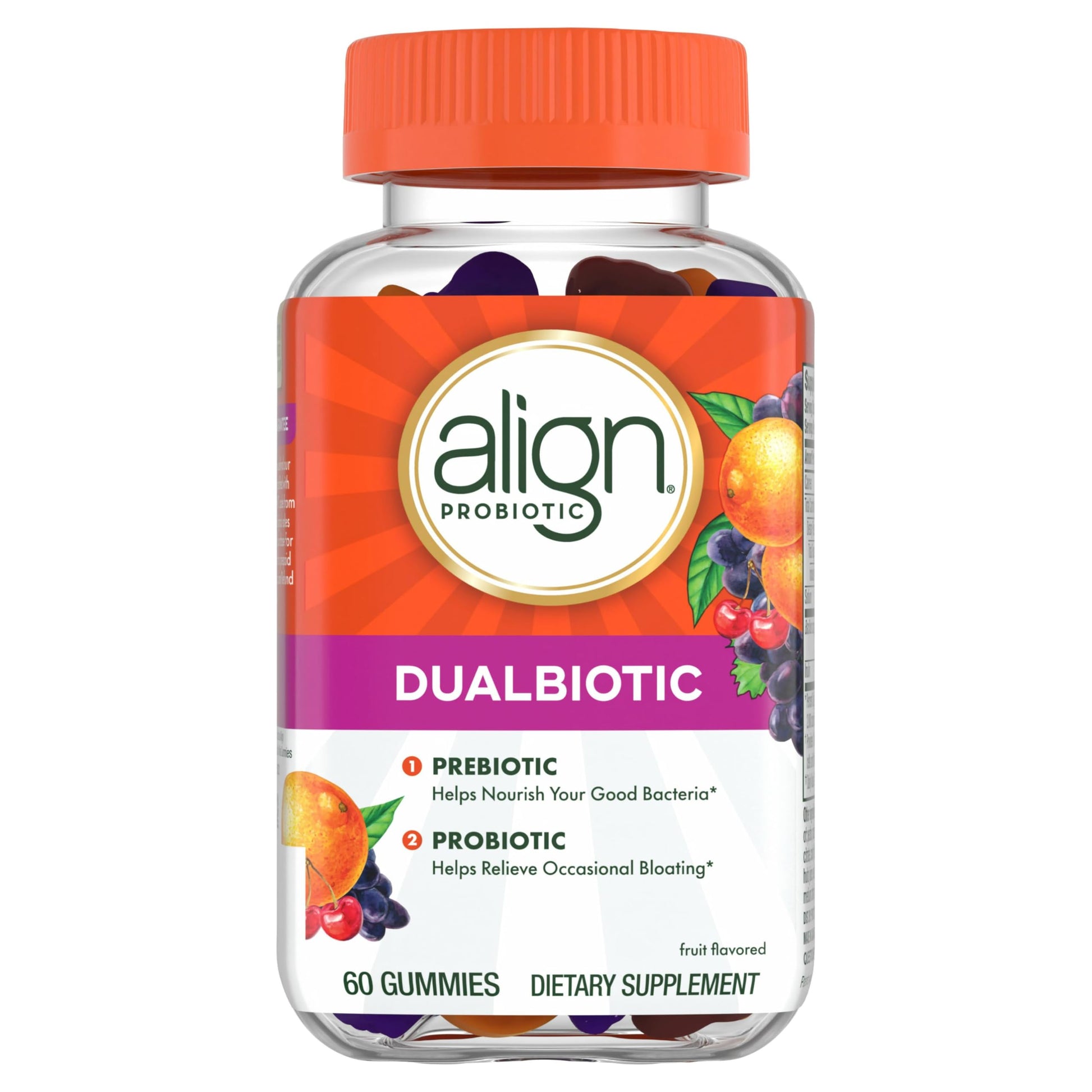 Align Dualbiotic, Prebiotics and Probiotics for Women and Men, Probiotics for Digestive Health, Prebiotics Help Nourish Good Bacteria, Natural Fruit Flavors, 60 Probiotic Gummies Align Au supplements