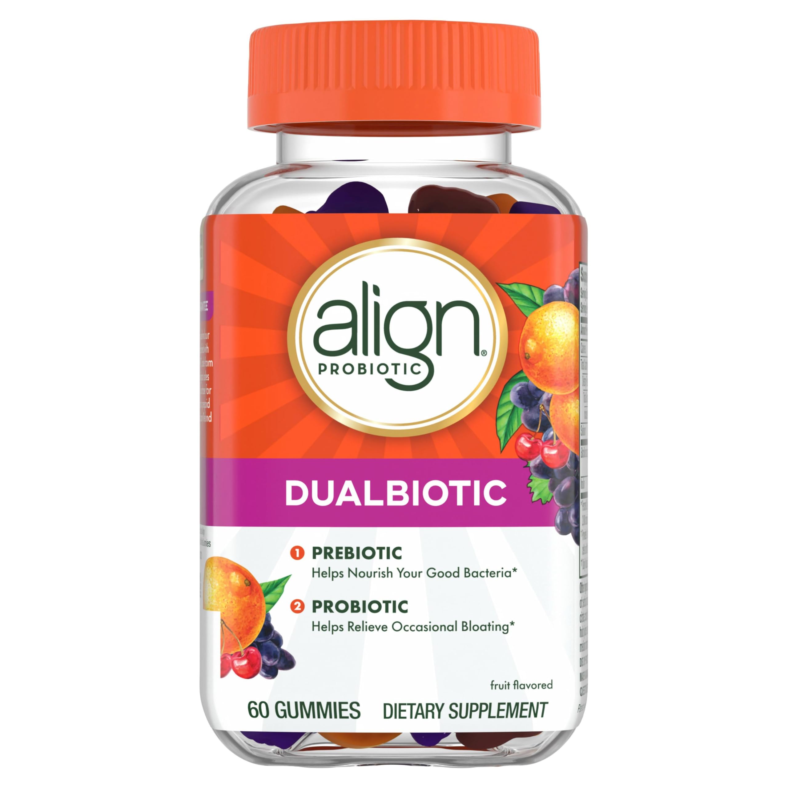 Align Dualbiotic, Prebiotics and Probiotics for Women and Men, Probiotics for Digestive Health, Prebiotics Help Nourish Good Bacteria, Natural Fruit Flavors, 60 Probiotic Gummies Align Au supplements