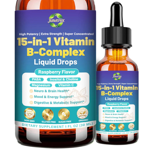 Advanced Vitamin B Complex Liquid Drops for Women Men & Kids, 15-in-1 VIT B Complex with Vitamin C B12 B6 B1 Niacin Folate for Brain Nerve Neuropathy Energy Mood Health, Sublingual B-Complex Drops JUIWEFKKAU supplements