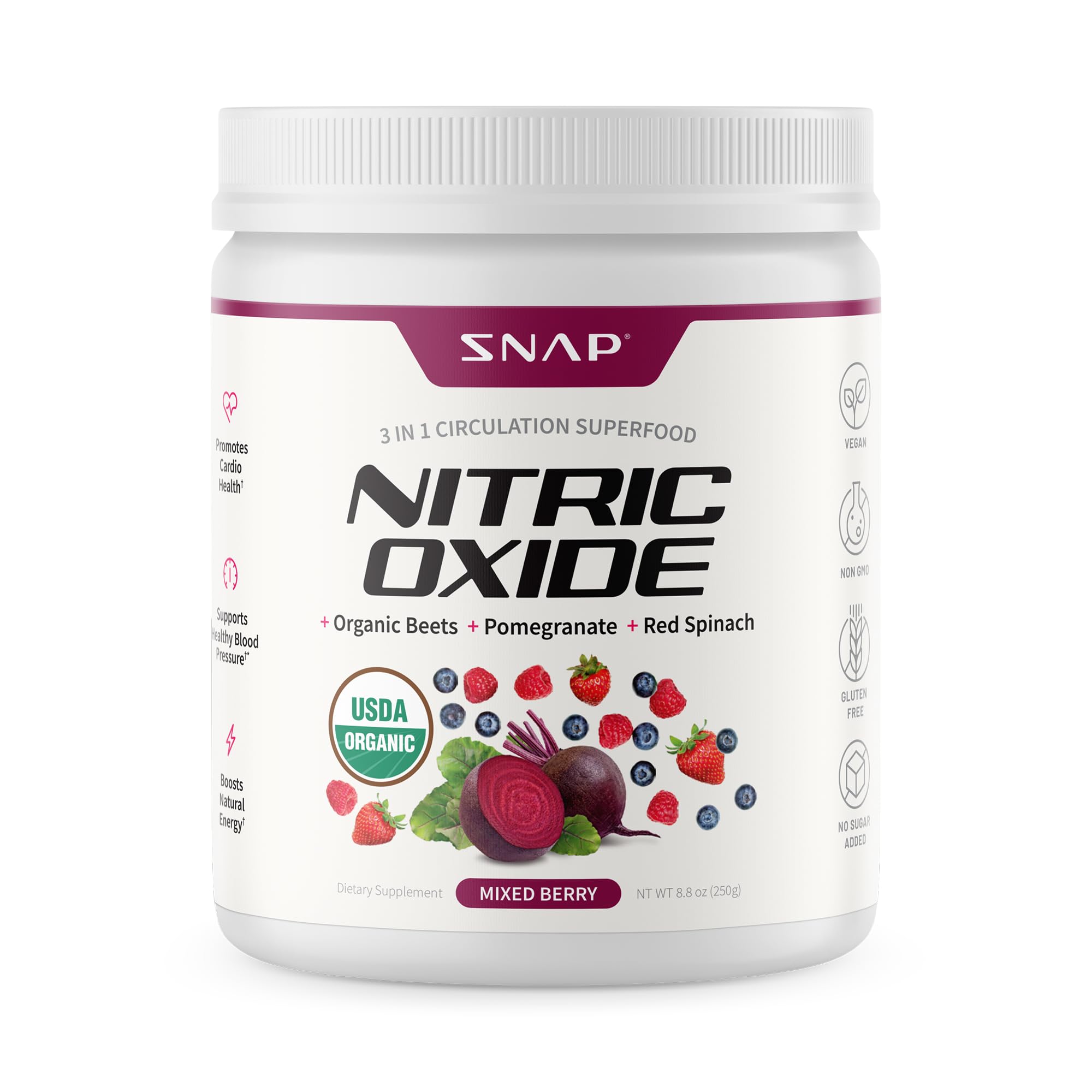 Snap Supplements Organic Beet Root Powder Nitric Oxide Supplement for Men & Women, Red Spinach & Pomegranate, Supports Healthy Energy & Blood Pressure Already in Normal Range, 30 Servings, Mixed Berry Snap Supplements Au supplements