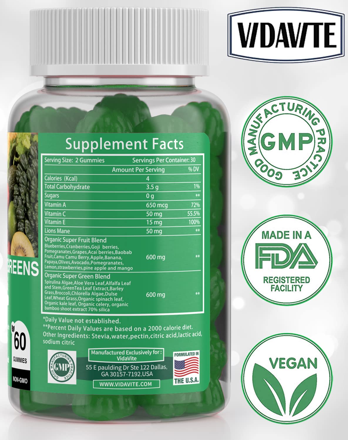 VIDAVITE Sugar-free Super Greens Gummies — US-Made, 35+ Fruit and Veggie gummies to Boost Immunity, Skin & Gut Health — Ideal Fruits and Vegetables Supplement for Adults & Picky Teens (30-Days Supply) VIDAVITE Au supplements