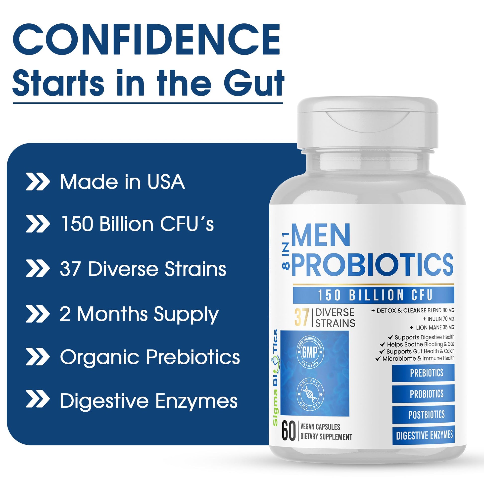 Probiotics for Men - 150 Billion CFU Acidophilus Capsules with Prebiotics & Postbiotics - Supports Gut Microbiome, Colon & Immune Health - 37 Strains with Digestive Enzymes - 60 Vegan Capsules SigmaBiotics Au supplements