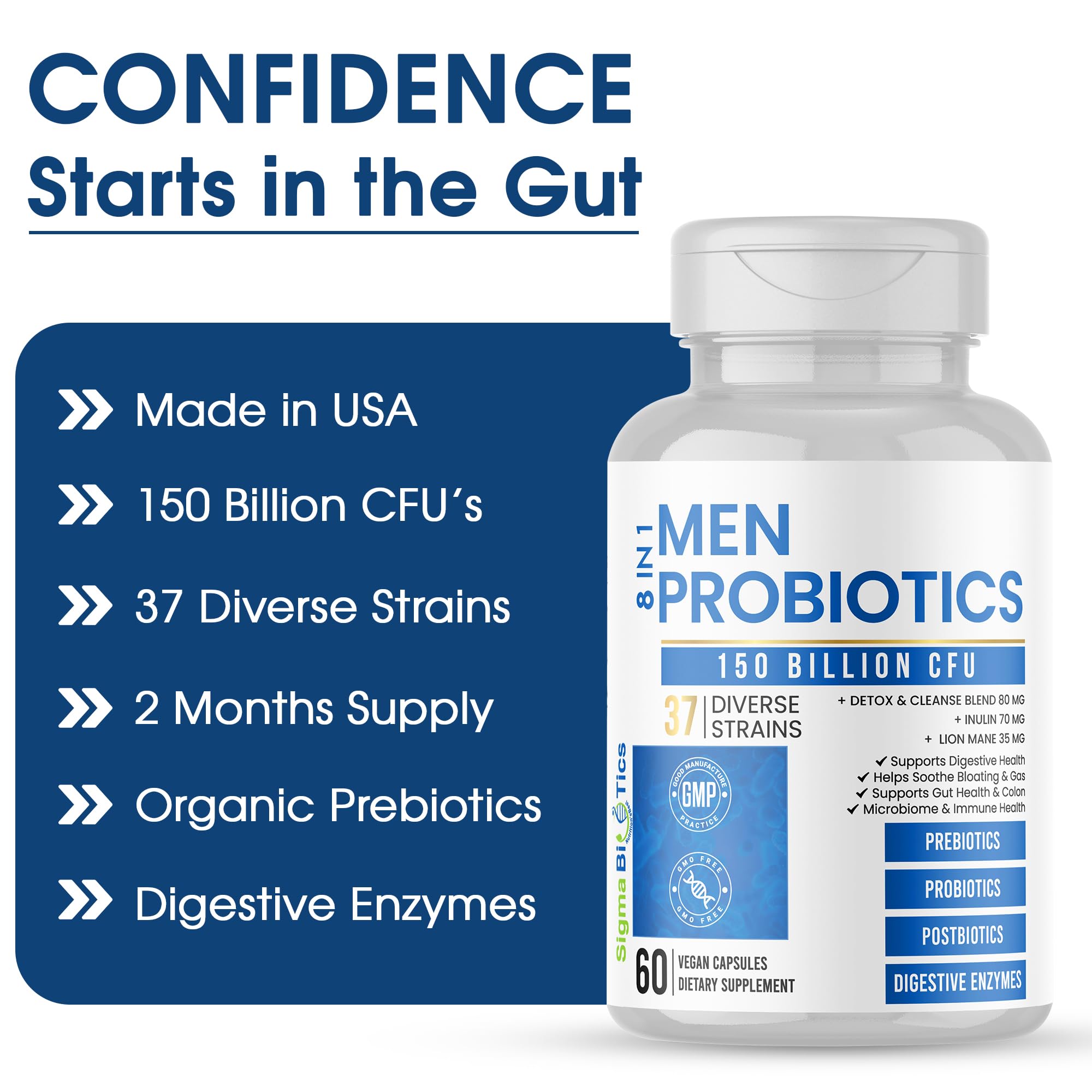 Probiotics for Men - 150 Billion CFU Acidophilus Capsules with Prebiotics & Postbiotics - Supports Gut Microbiome, Colon & Immune Health - 37 Strains with Digestive Enzymes - 60 Vegan Capsules SigmaBiotics Au supplements