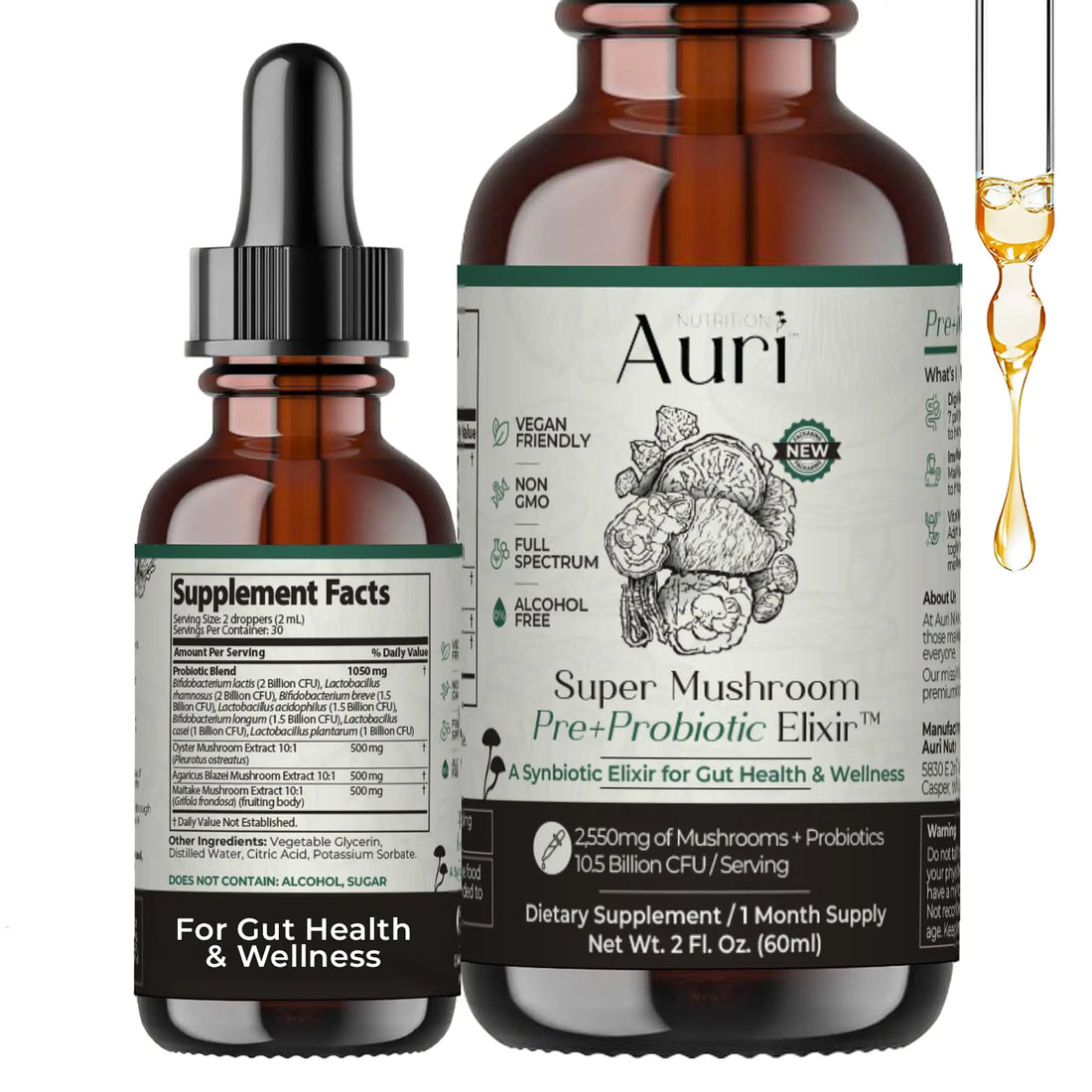 Auri Nutrition Super Mushroom Pre+Probiotic Elixir – 3-in-1 Gut Health Supplement w/7 Probiotic Strains, Prebiotic Mushrooms & Postbiotic Support – Vegan Auri uk supplements