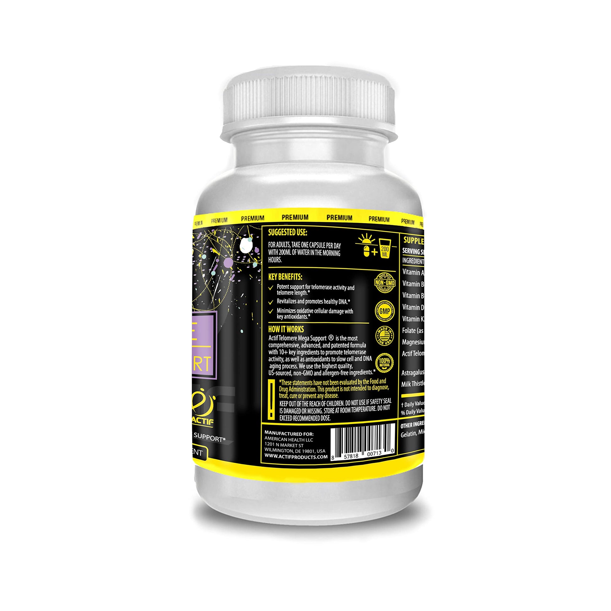ACTIF Telomere Mega Support with 10+ Factors, Non-GMO, Telomerase and DNA Supplement for Energy, Memory and Anti-Aging, Made in USA, 60 Count ACTIF Au supplements
