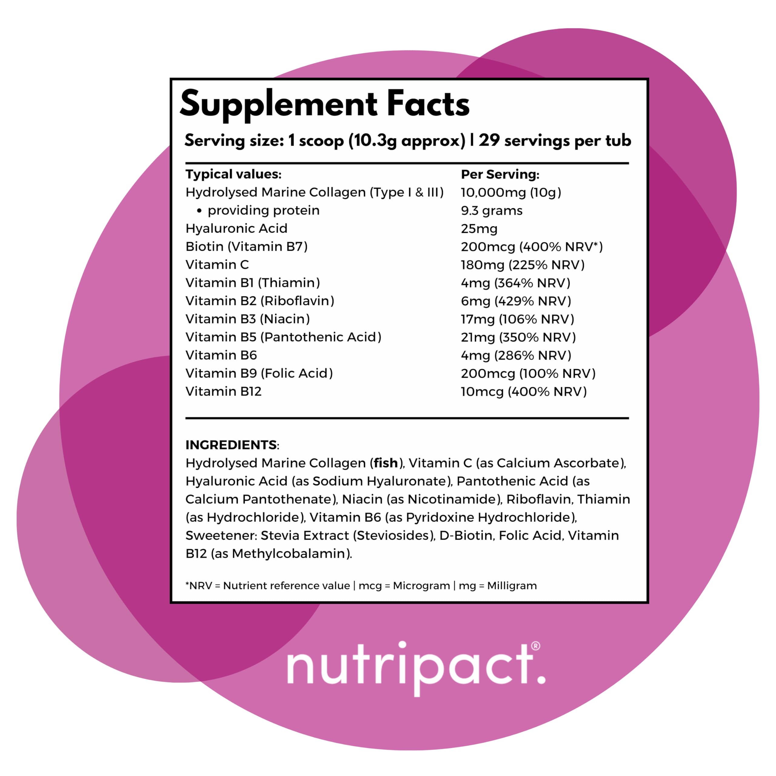 Hydrolysed Marine Collagen Peptides Powder with Hyaluronic Acid, Biotin, Vitamin C & B Vitamins – 10,000mg Collagen nutripact Au supplements
