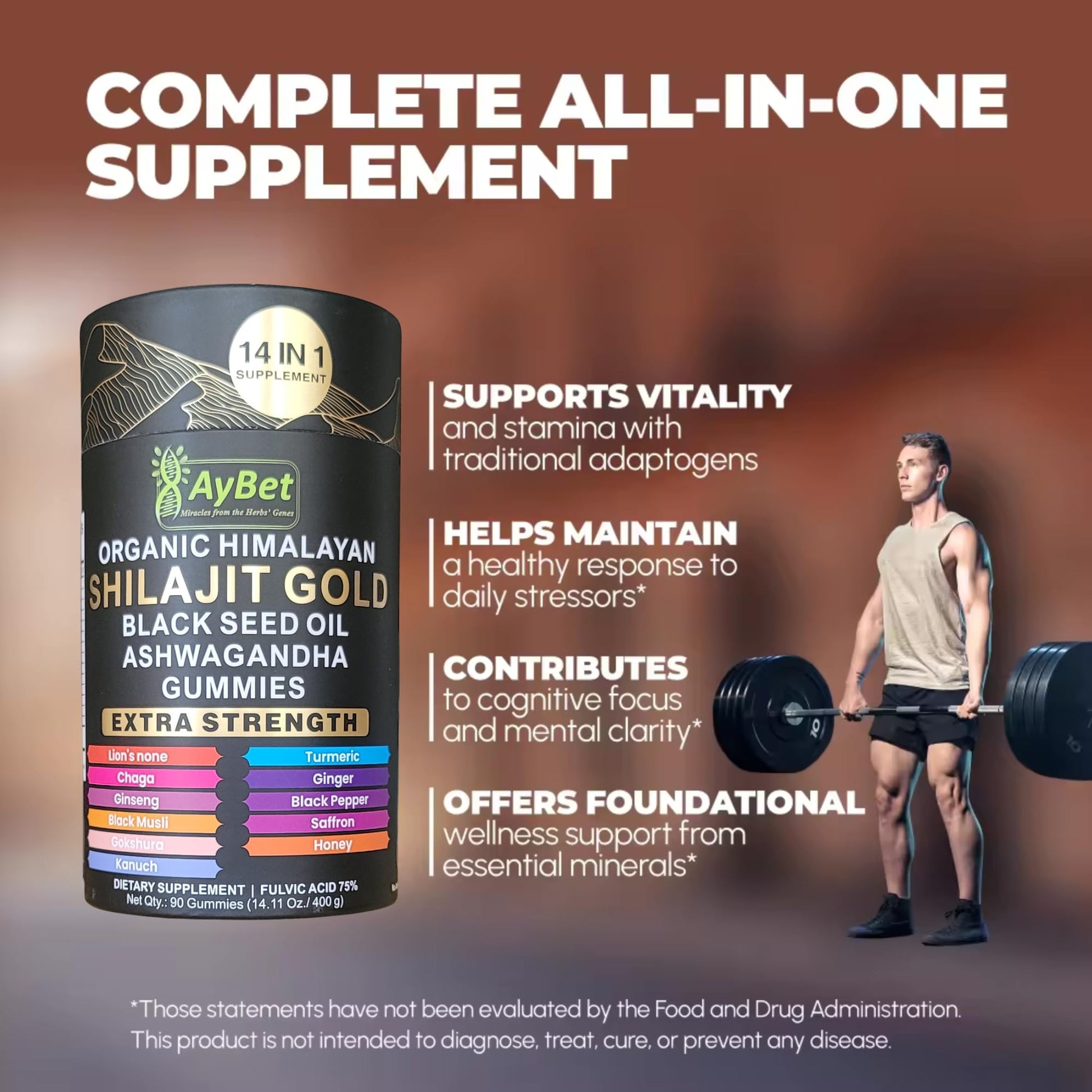 AyBet Organic Himalayan Shilajit Gold Gummies for Men and Women, Black Seed Oil, Ashwagandha, Ginseng, Turmeric, Gokshura, Lion's None, Lab Tested,%75 Fulvic Acid, No Sugar Added, Halal, 90Gummy AyBet Au supplements
