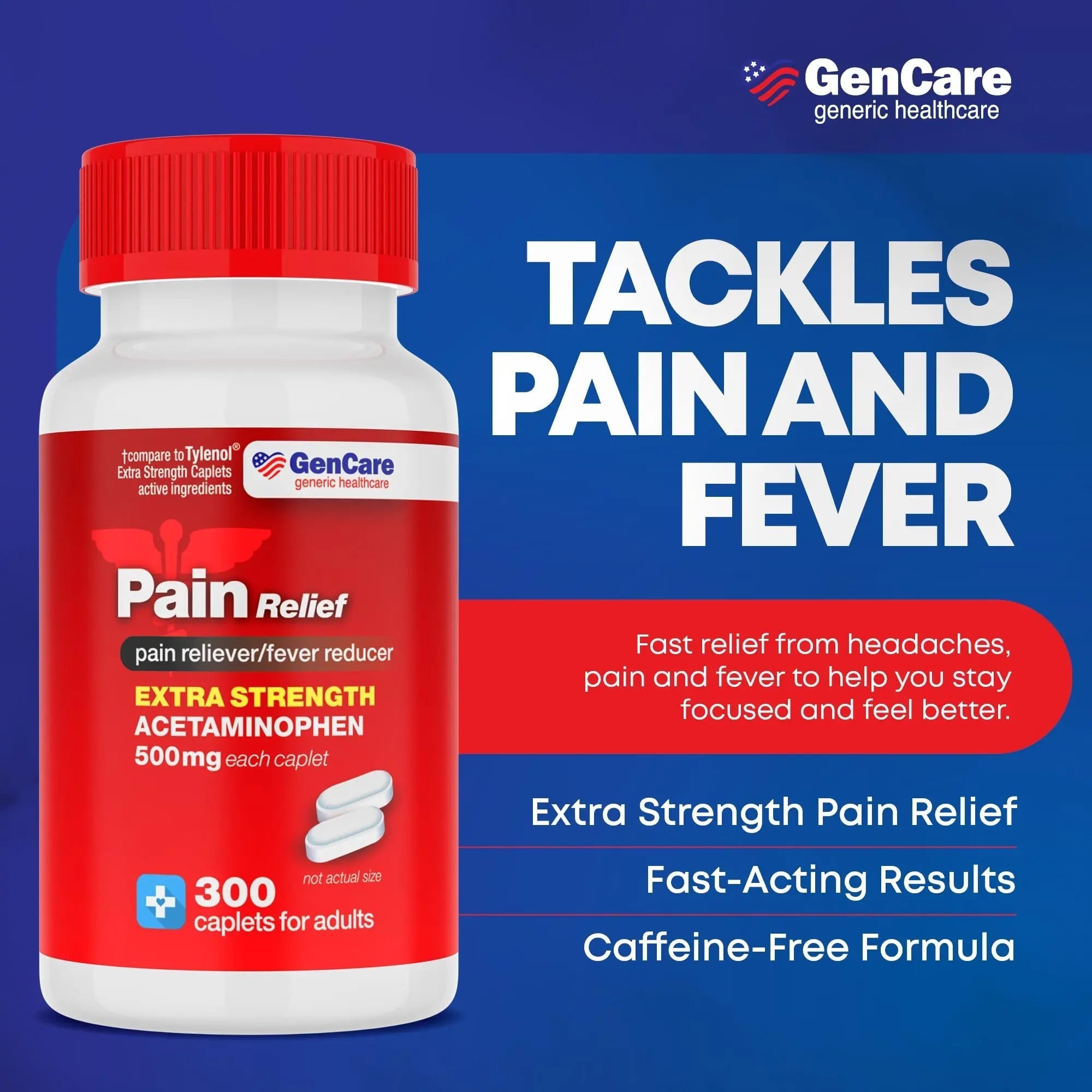 GenCare - Acetaminophen 500mg Extra Strength Pain Relief (300 Caplets) - Multi Symptom Pain Reliever for Headache, Sinus, Arthritis, Back Pain Muscle Ache, Toothache, Fever Reducer, Migraine GenCare Au supplements