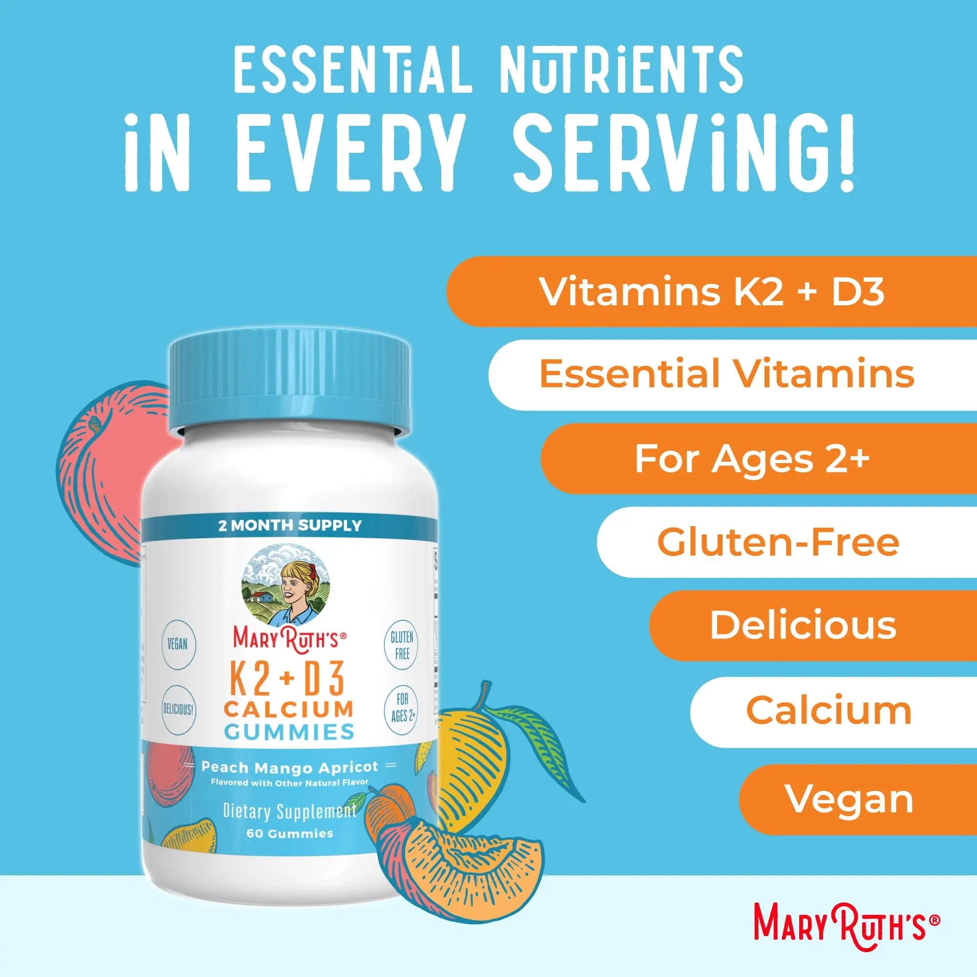 MaryRuth Organics Calcium with Vitamin D & Vitamin K2, 2 Month Supply, Calcium Supplement Supports Bone Health & Joint Support, with Vitamins D3 K2 Gummies, Vegan, Non-GMO, Gluten Free, 60 Count MARYRUTH'S Au supplements