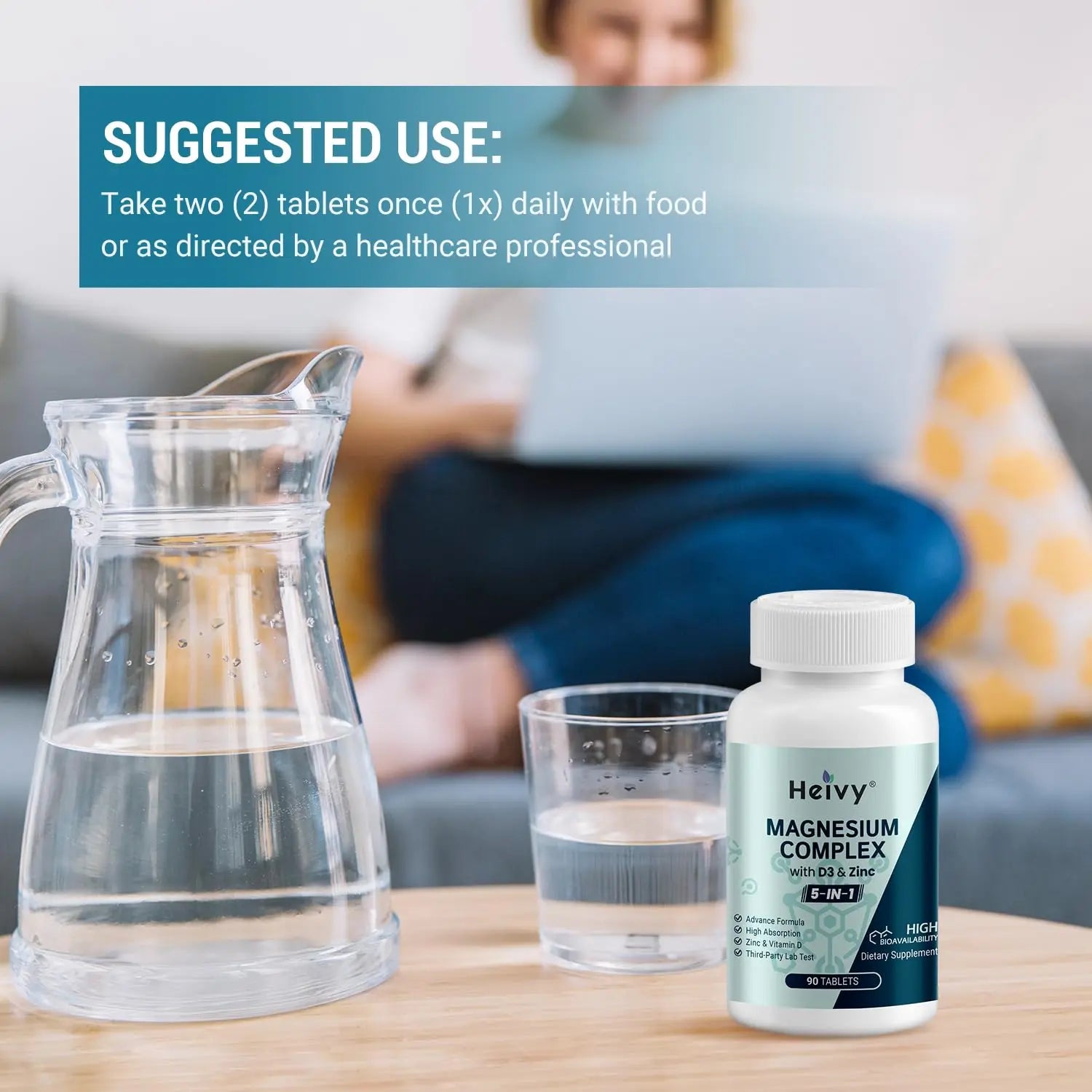 Heivy Magnesium Complex, Magnesium Glycinate, Citrate, Malate, Oxide, Gluconate with Zinc and Vitamin D3, Magnesium Supplement for Muscle, Nerve, Heart, Bone Support, High Absorption, 90 Tablets Heivy Au supplements