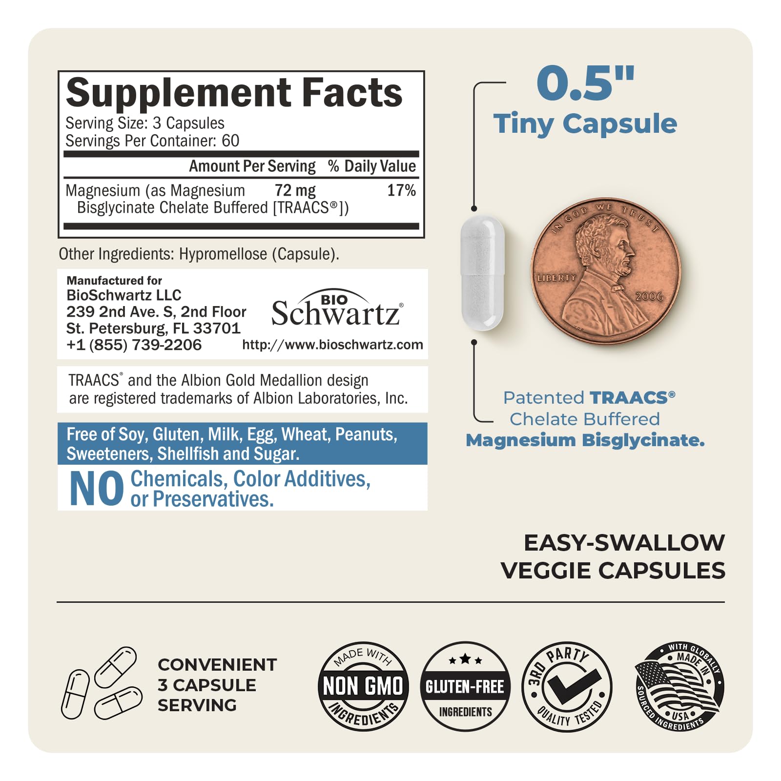 Magnesium Bisglycinate Chelated Supplement - High Absorption Magnesium Glycinate Supplement for Women and Men - Sleep, Muscle, Bone & Joint Support - Non-GMO, Non-Laxative Chelate - 180 Capsules BioSchwartz Au supplements