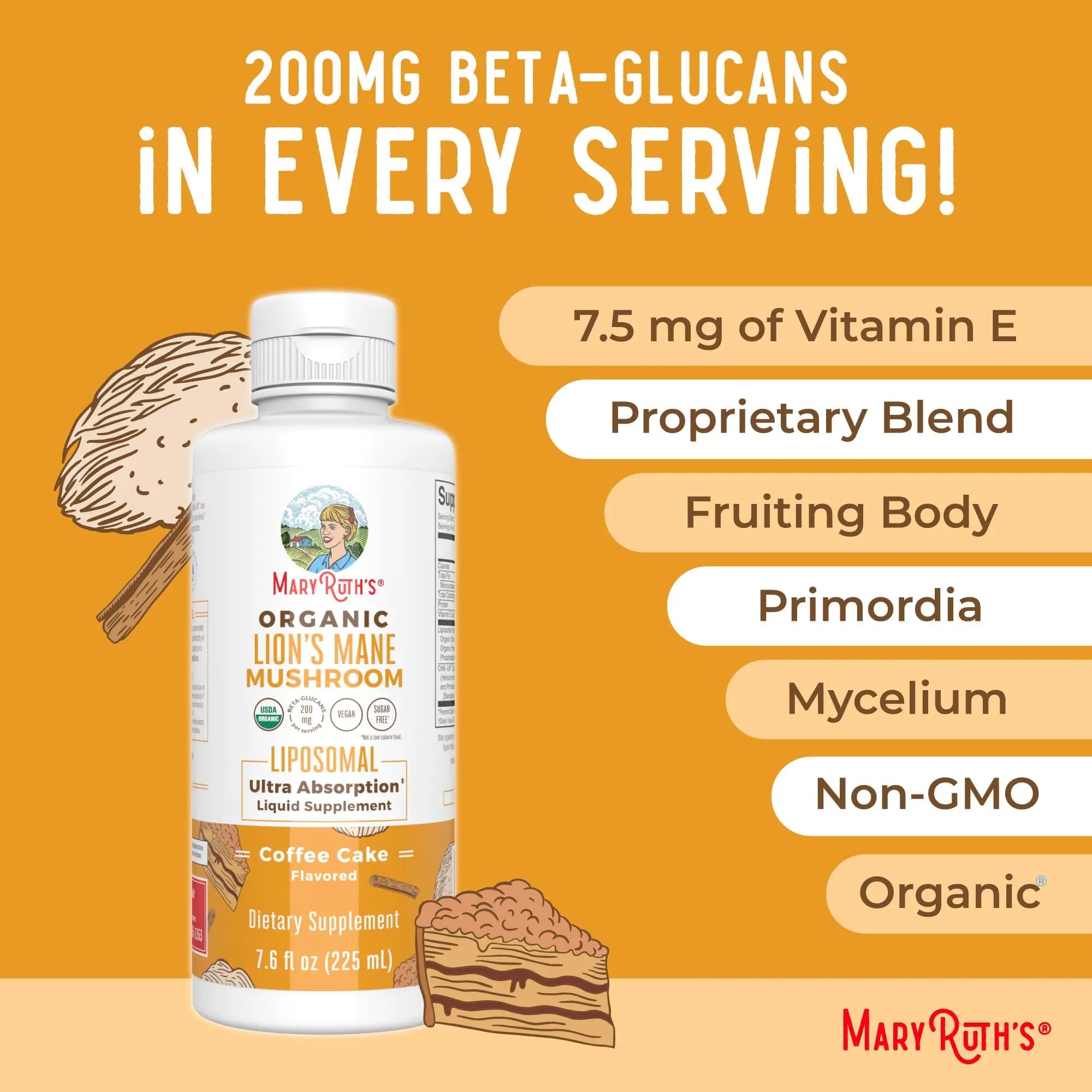 MaryRuth Organics Lions Mane Supplement | Ultra Absorption Liposomal | Full Spectrum Lion's Mane Mushroom | 200mg Beta-Glucans Per Serving | USDA Organic | Vegan | 7.6 oz | 15 Servings MARYRUTH'S Au supplements