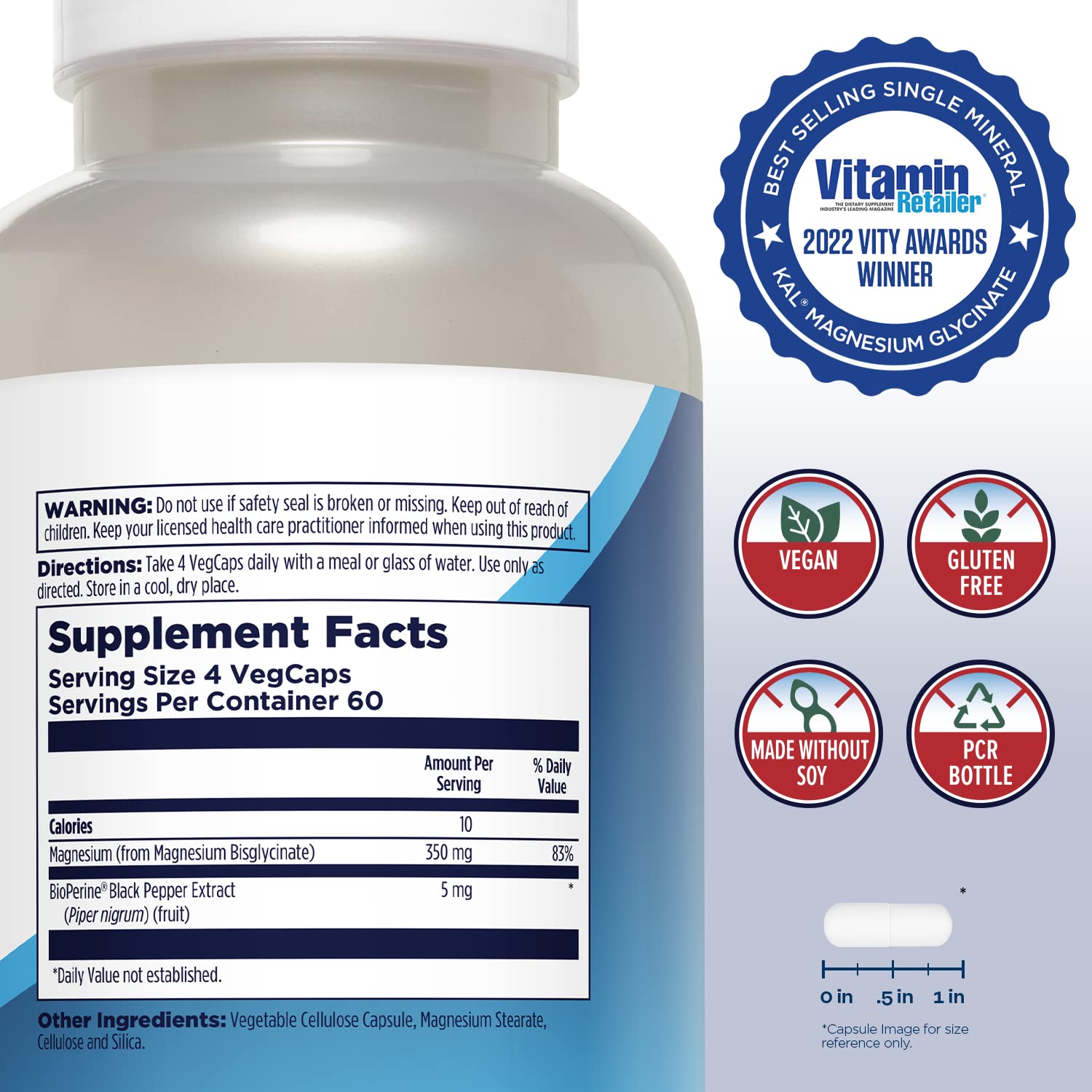 KAL Magnesium Glycinate, New & Improved Fully Chelated High Absorption Formula with BioPerine, Bisglycinate Chelate for Stress, Relaxation, Muscle & Bone Health Support, 60 Servings, 240 VegCaps KAL Au supplements