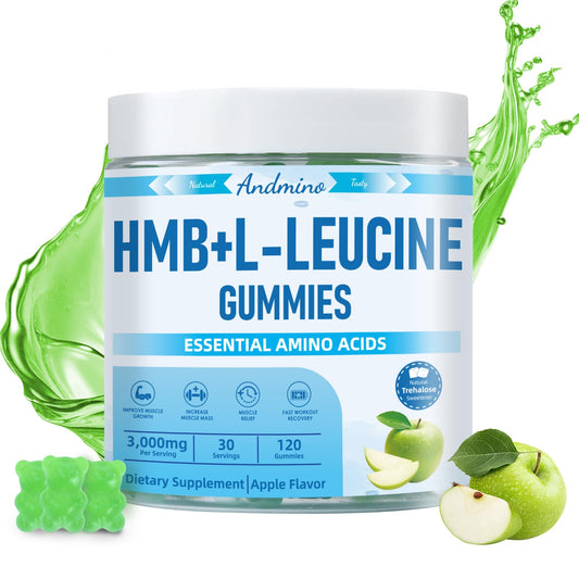 andmino HMB and L-Leucine Gummies, 3000mg, with Trehalose, for Muscle Growth, Muscle Relief and Workout Recovery, for Adults & Elder, Non-GMO andminoUS supplements