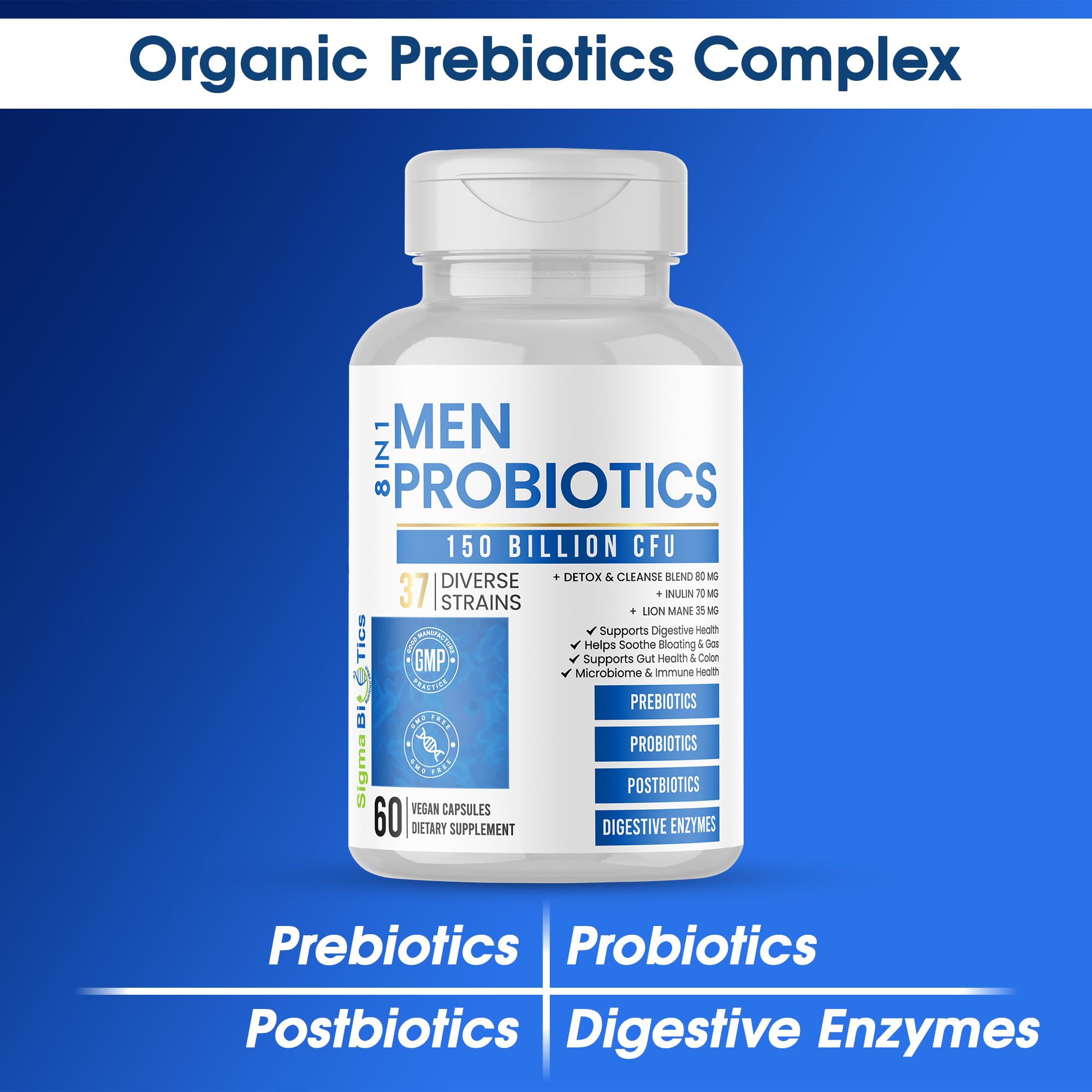 Probiotics for Men - 150 Billion CFU Acidophilus Capsules with Prebiotics & Postbiotics - Supports Gut Microbiome, Colon & Immune Health - 37 Strains with Digestive Enzymes - 60 Vegan Capsules SigmaBiotics Au supplements