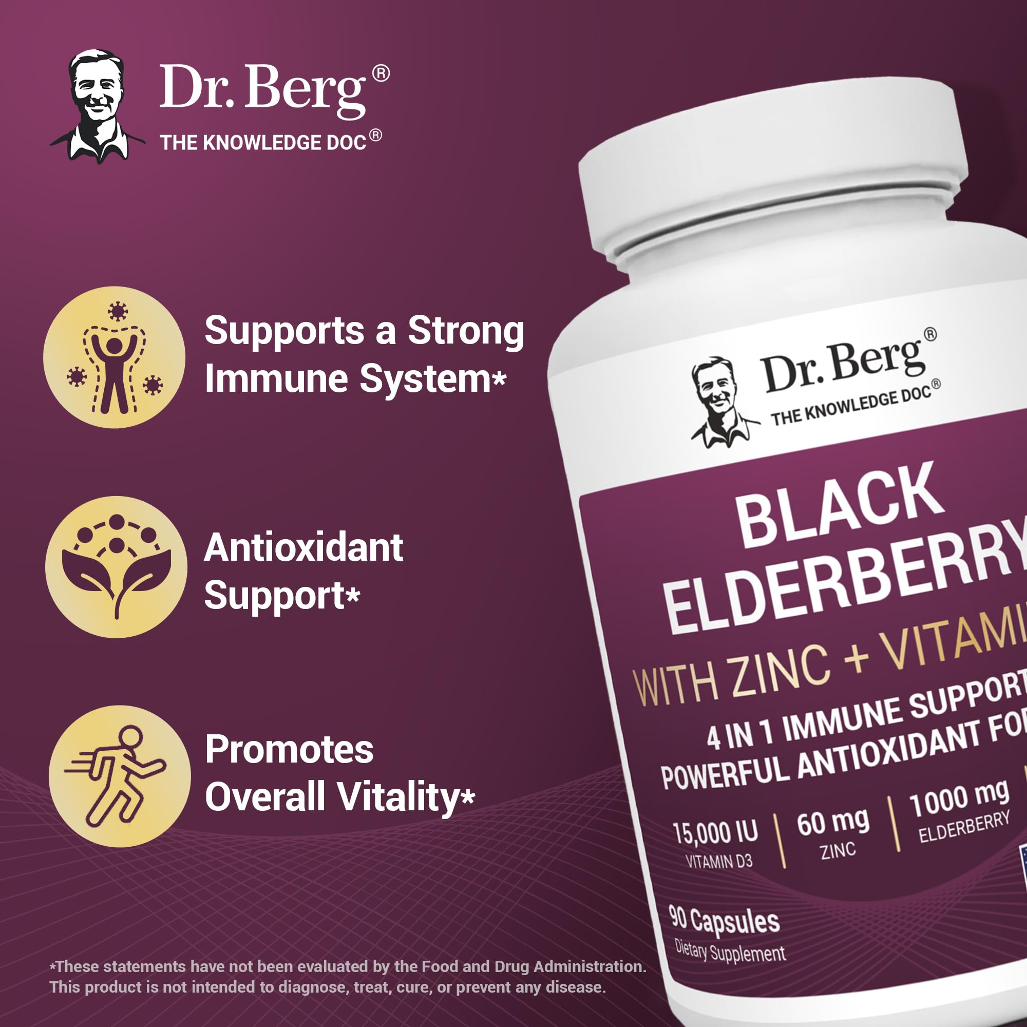 Dr. Berg Black Elderberry Capsules (Advanced Immune Support*) with 15,000 IU Vitamin D, 60 mg of Zinc, & 90 mg of Camu Camu - (4-in-1) Sambucus Elderberry Immune Support Supplement - 90 Capsules Dr. Berg Nutritionals Au supplements