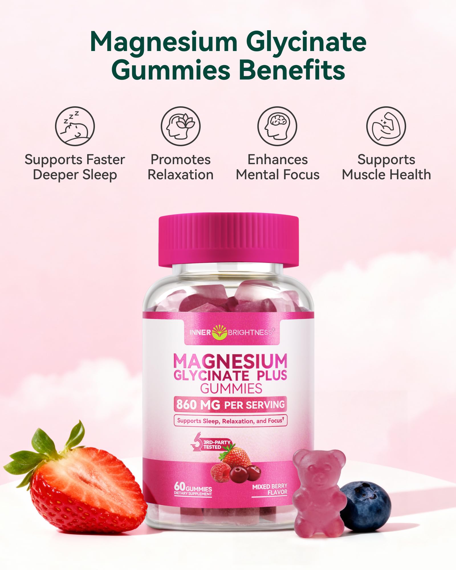 Magnesium Glycinate Plus Gummies 860mg, Sugar-Free, Non-GMO, Gluten-Free, Magnesium Gummies for Adults & Kids, Sleep, Relaxation & Focus, Magnesium Supplement for Women, Mixed Berry Flavor, 60 Count Inner Brightness Au supplements