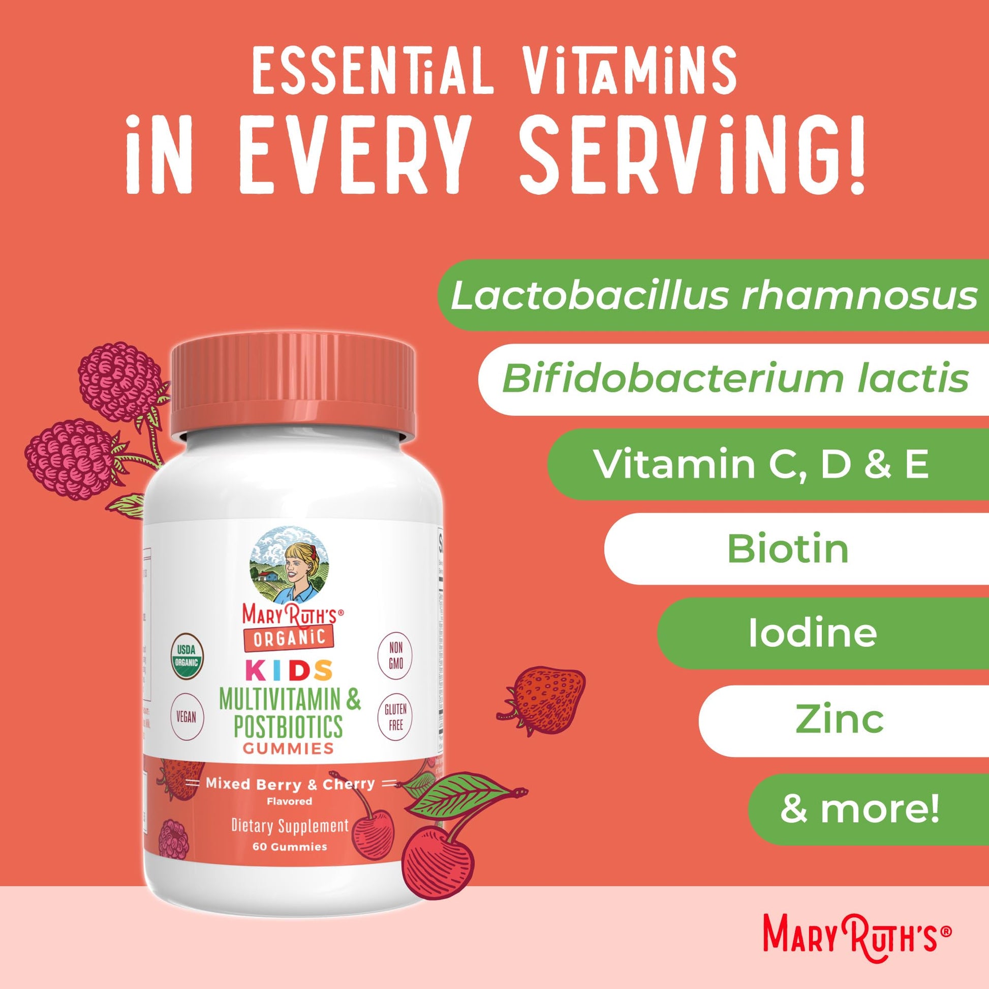 Kids Vitamins by MaryRuth's | USDA Organic | Multivitamin Gummies + Postbiotics for Ages 4+ | Multivitamin for Kids with Lactobacillus Rhamnosus | Children’s Vitamins | Vegan | Non-GMO | 60 Count MARYRUTH'S Au supplements