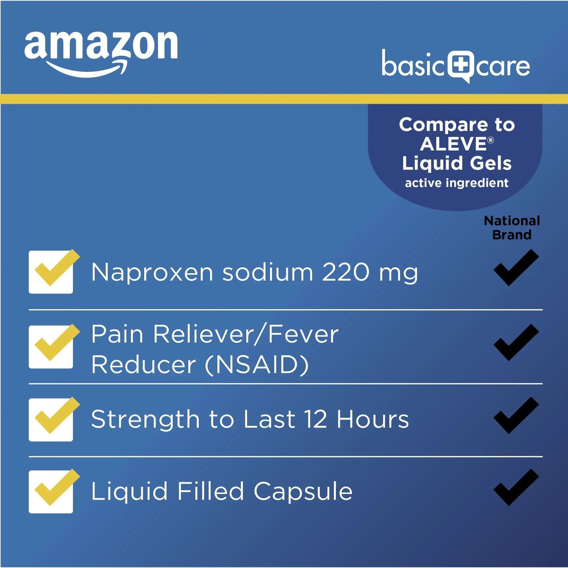 Amazon Basic Care Naproxen Sodium 220 mg Liquid Gels, Pain Reliever/Fever Reducer (NSAID), Headache, Backache, Menstrual Pain, Arthritis Pain, 12-Hour Relief, 180 Count (previously A+ health) Amazon Basic Care Au supplements