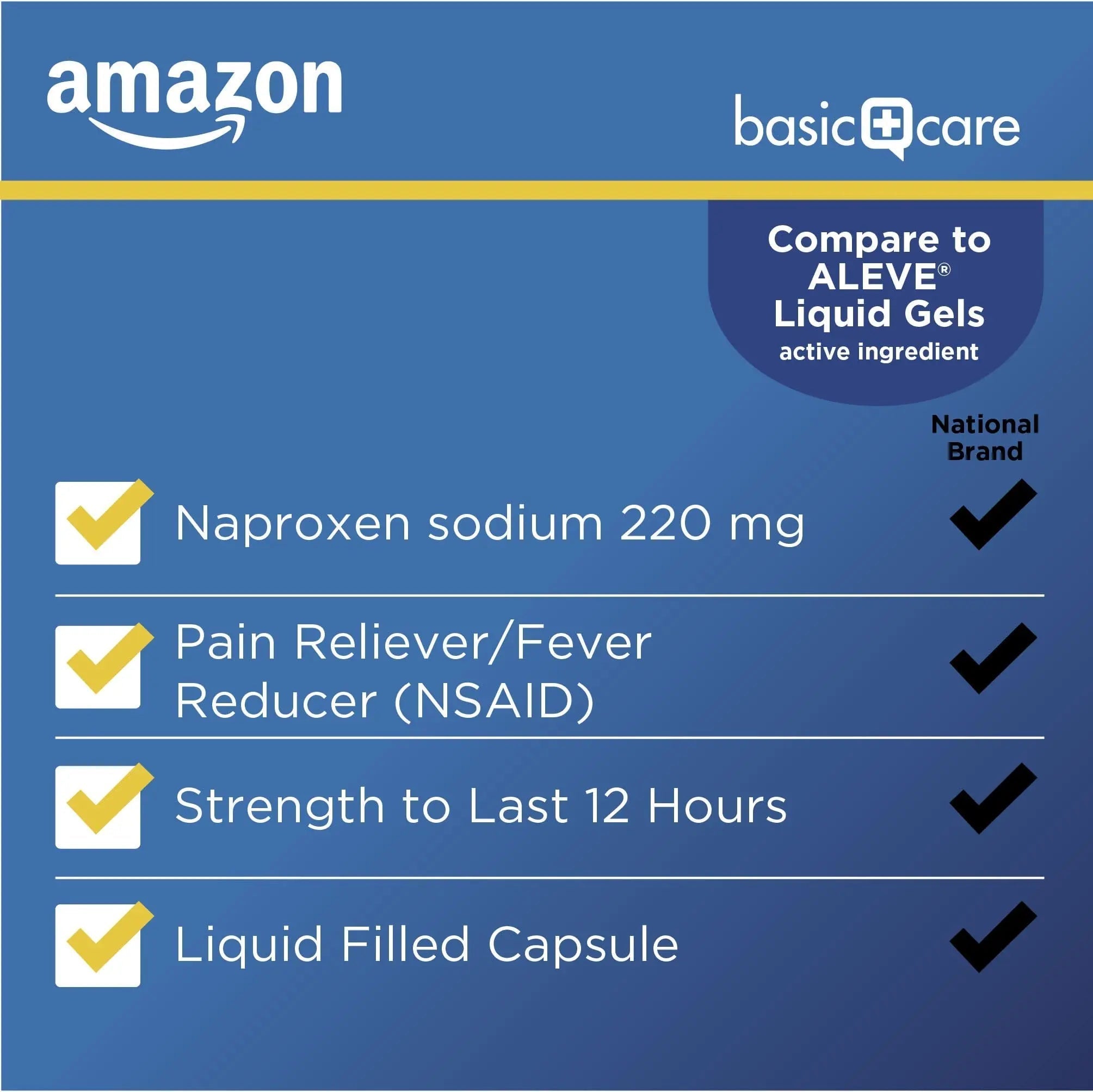 Amazon Basic Care Naproxen Sodium 220 mg Liquid Gels, Pain Reliever/Fever Reducer (NSAID), Headache, Backache, Menstrual Pain, Arthritis Pain, 12-Hour Relief, 180 Count (previously A+ health) Amazon Basic Care Au supplements
