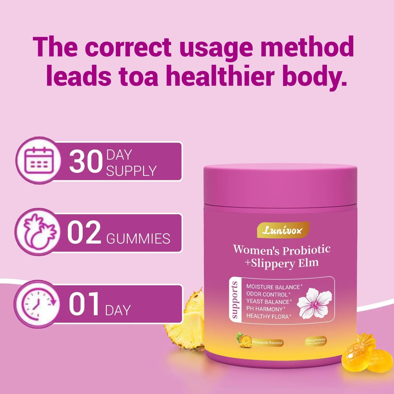 Lunivox Her Juicy Feminine Probiotics Gummies for Women, with Prebiotics & Slippery Elm - Promotes pH Balance, Gut Health & Immune Support - Pineapple Flavor, 60 Count Lunivox Au supplements