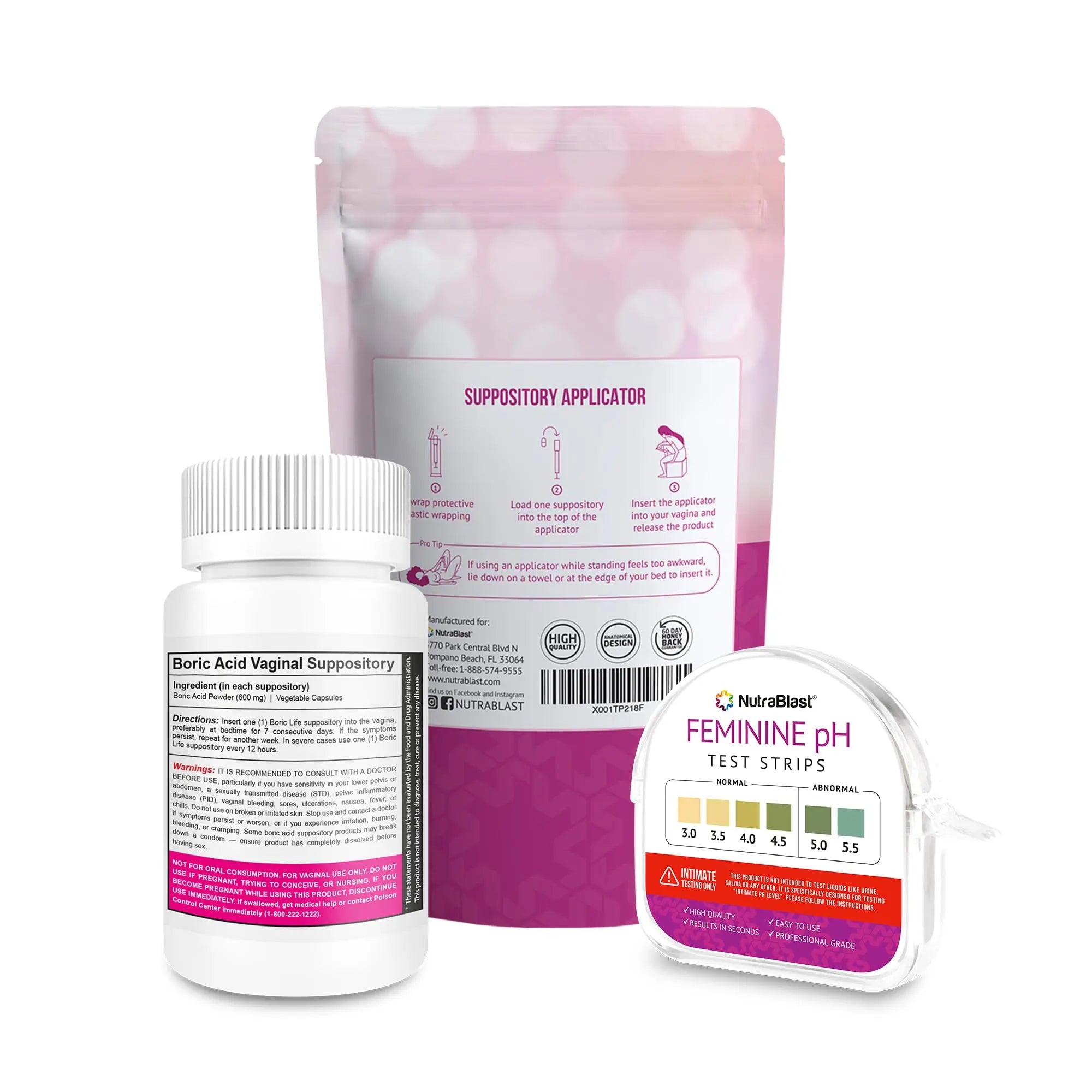 NutraBlast Boric Acid Suppositories 600mg (30 Count) Bundle with Disposable Suppository Applicators (15-Pack) and Feminine pH Test Strips 3.0-5.5 (100 Tests Roll) NutraBlast Au supplements